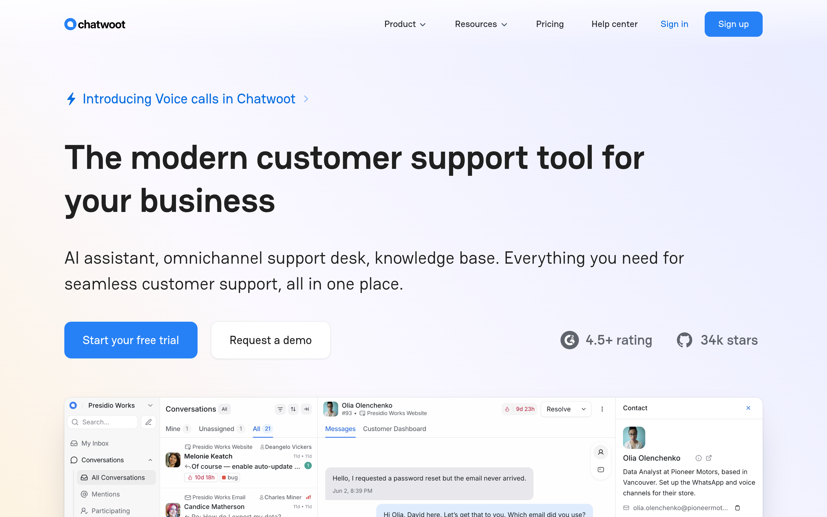 Chatwoot website screenshot — product, features and pricing