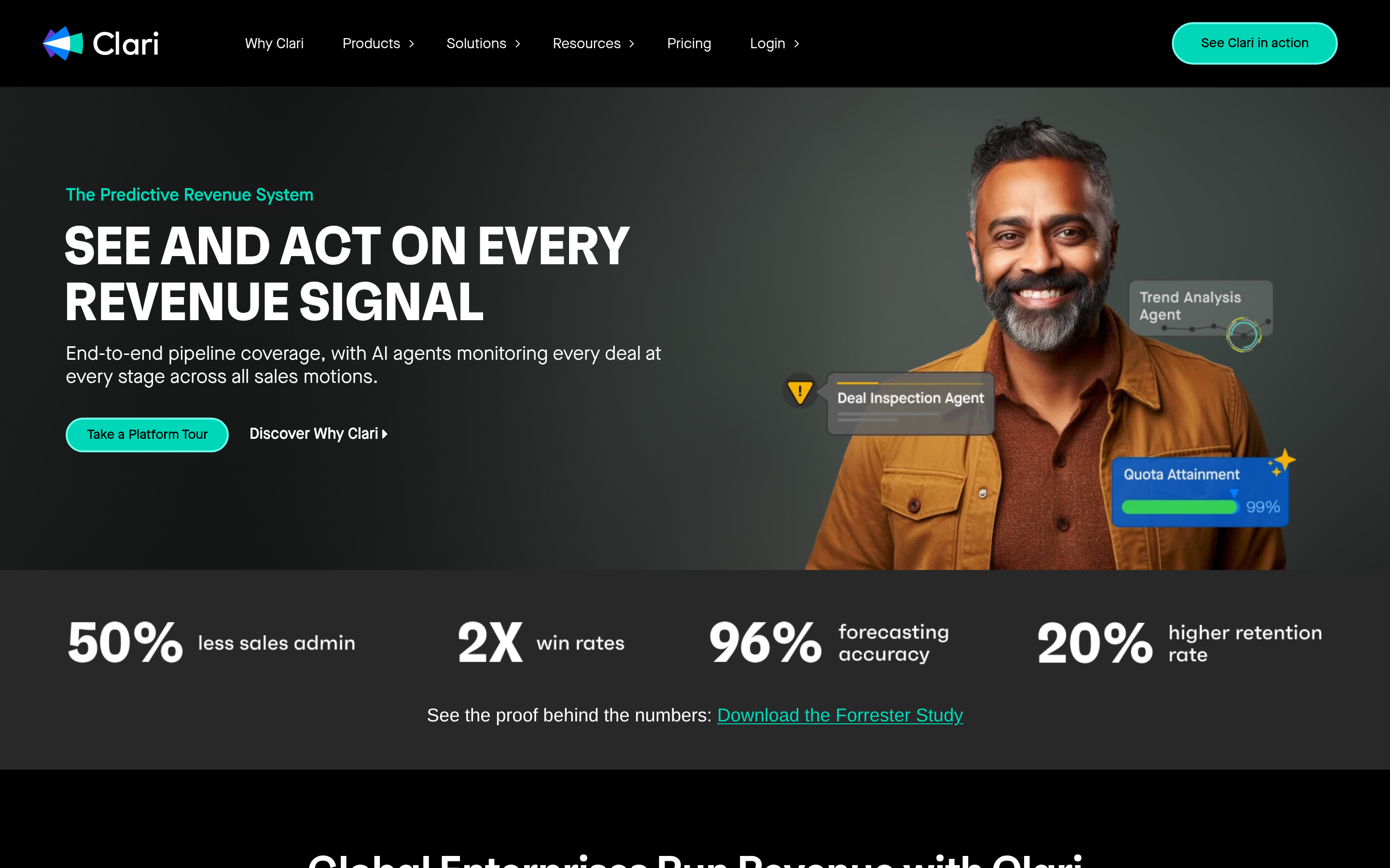 Clari website screenshot — product, features and pricing