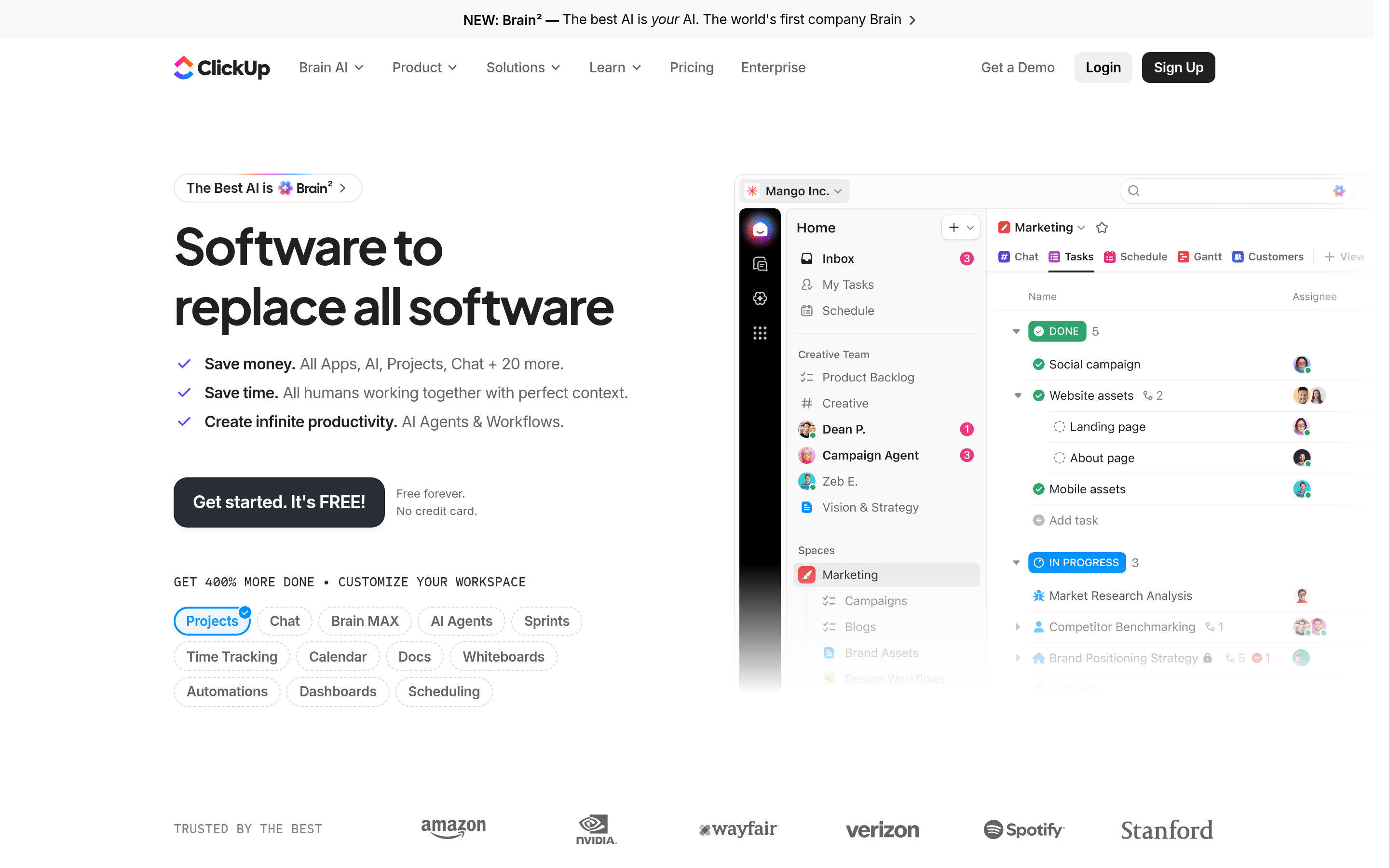 ClickUp website screenshot — product, features and pricing