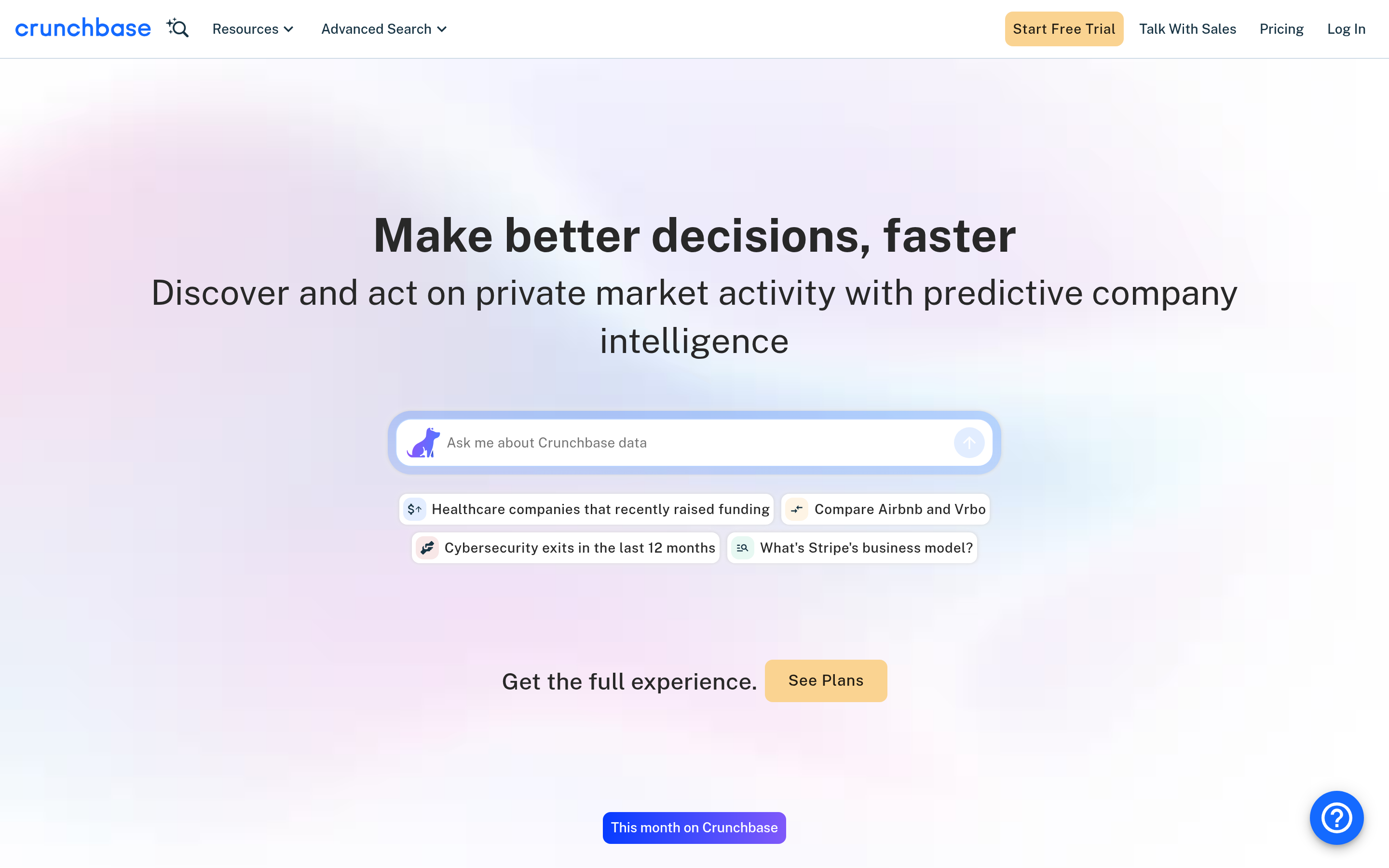 Crunchbase website screenshot — product, features and pricing