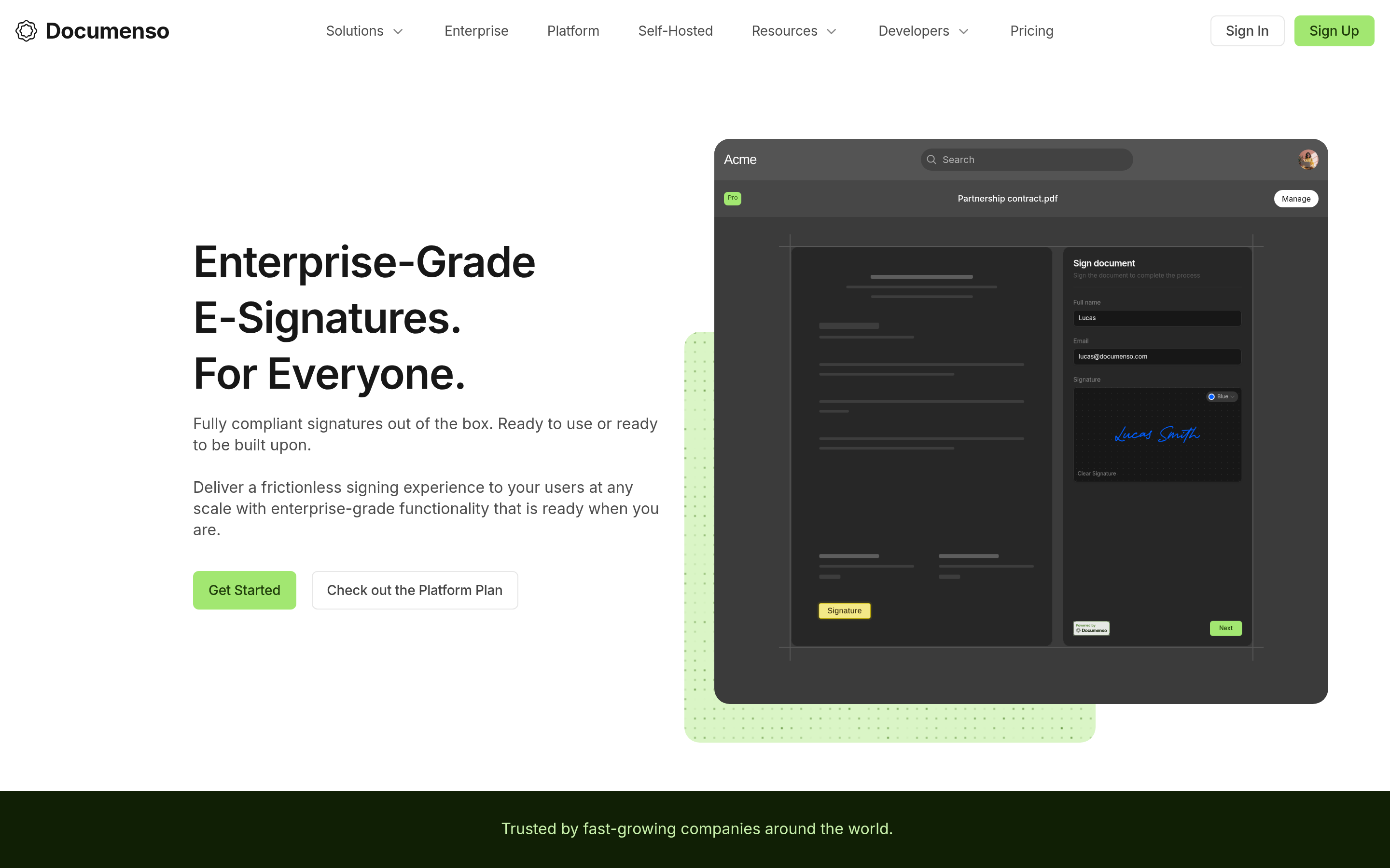 Documenso website screenshot — product, features and pricing