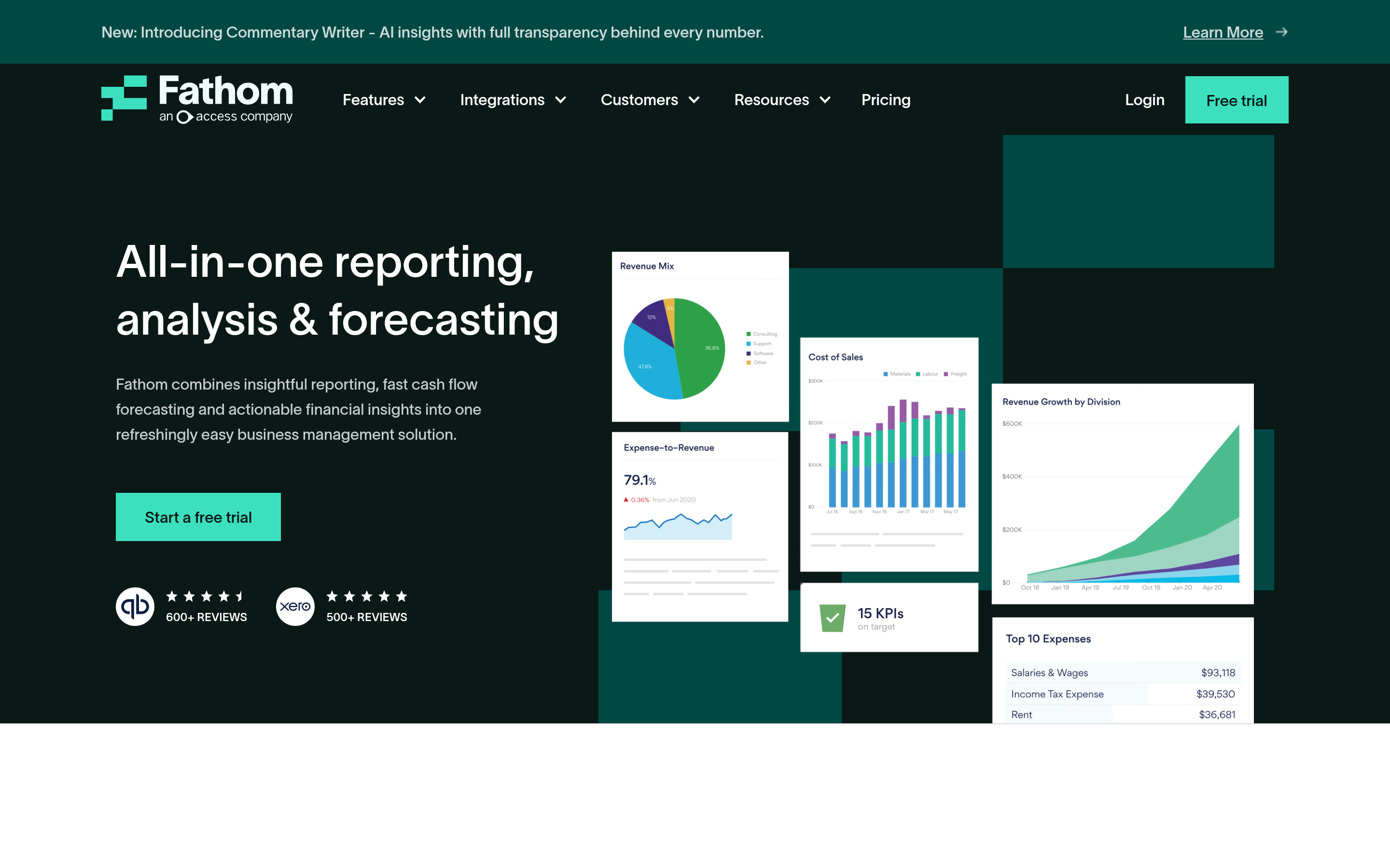 Fathom website screenshot — product, features and pricing
