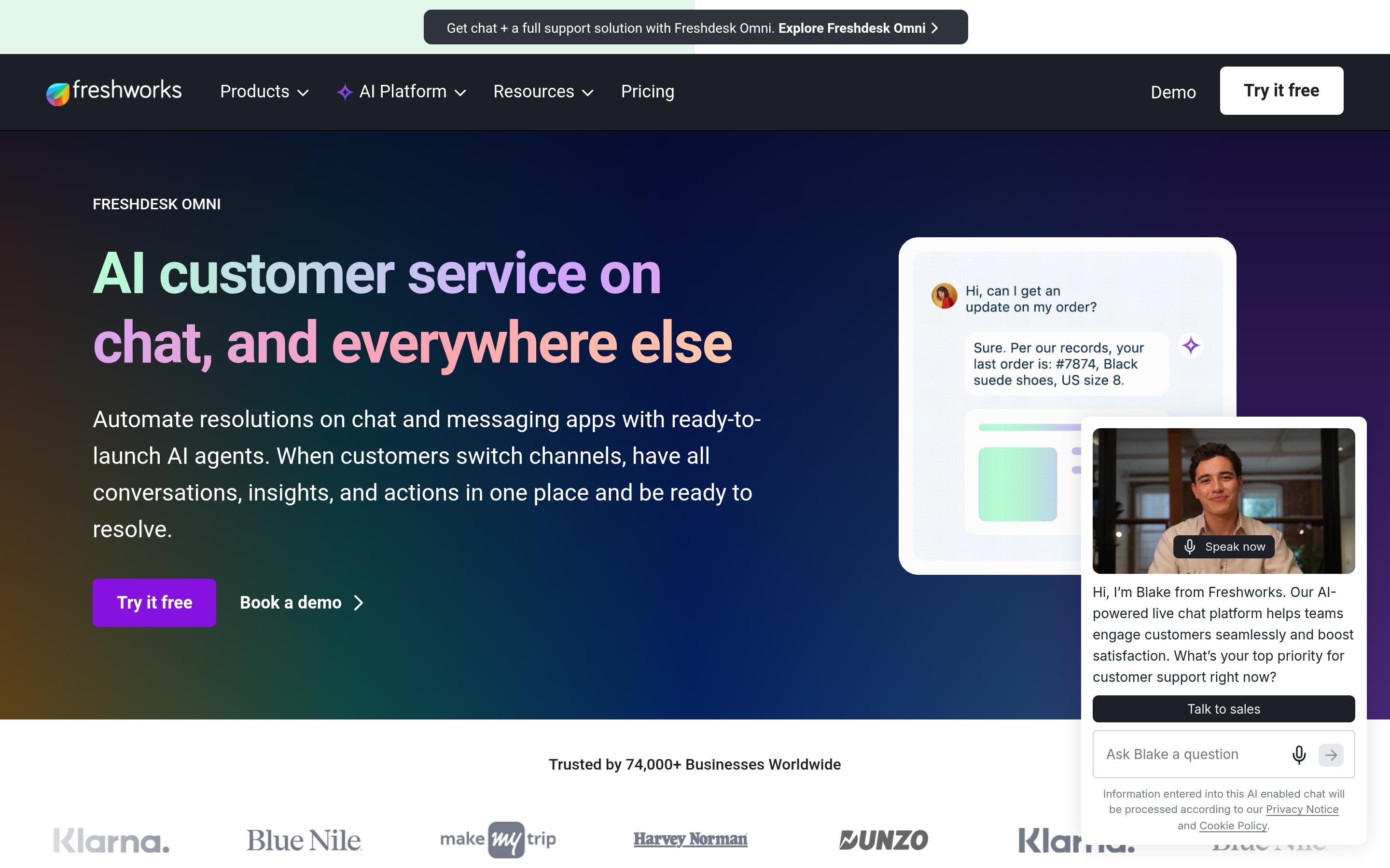 Freshchat website screenshot — product, features and pricing