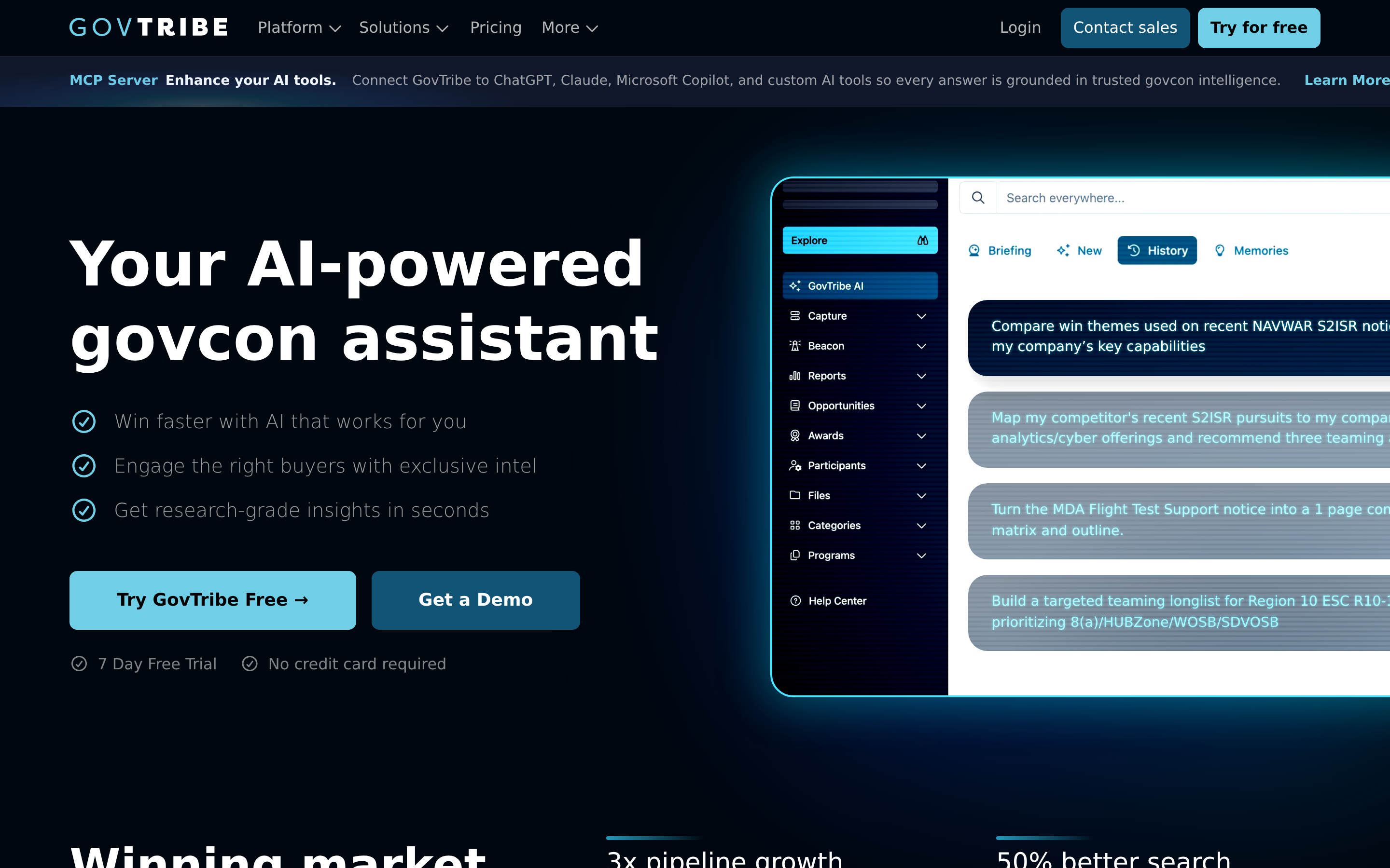 GovTribe website screenshot — product, features and pricing