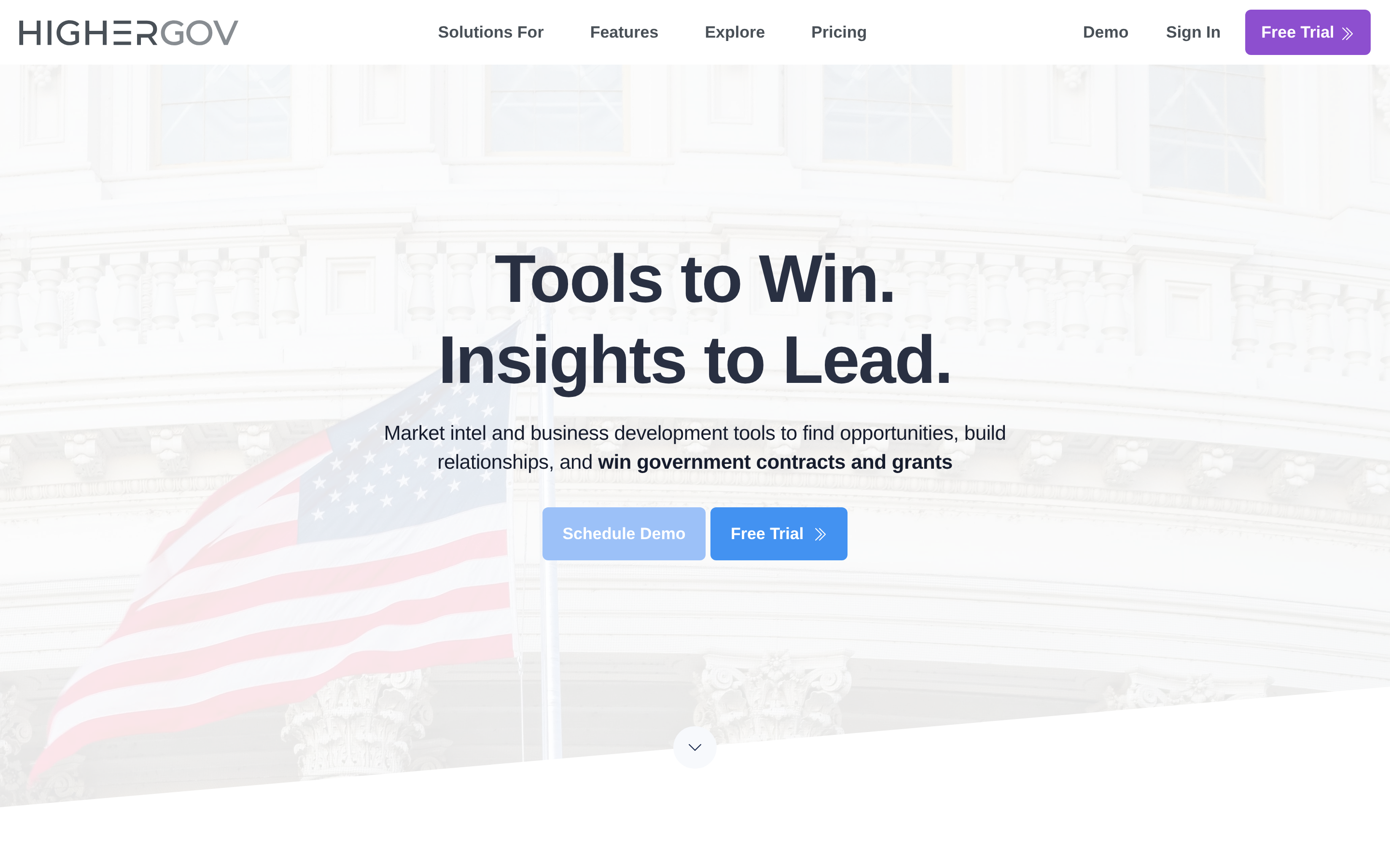 HigherGov website screenshot — product, features and pricing