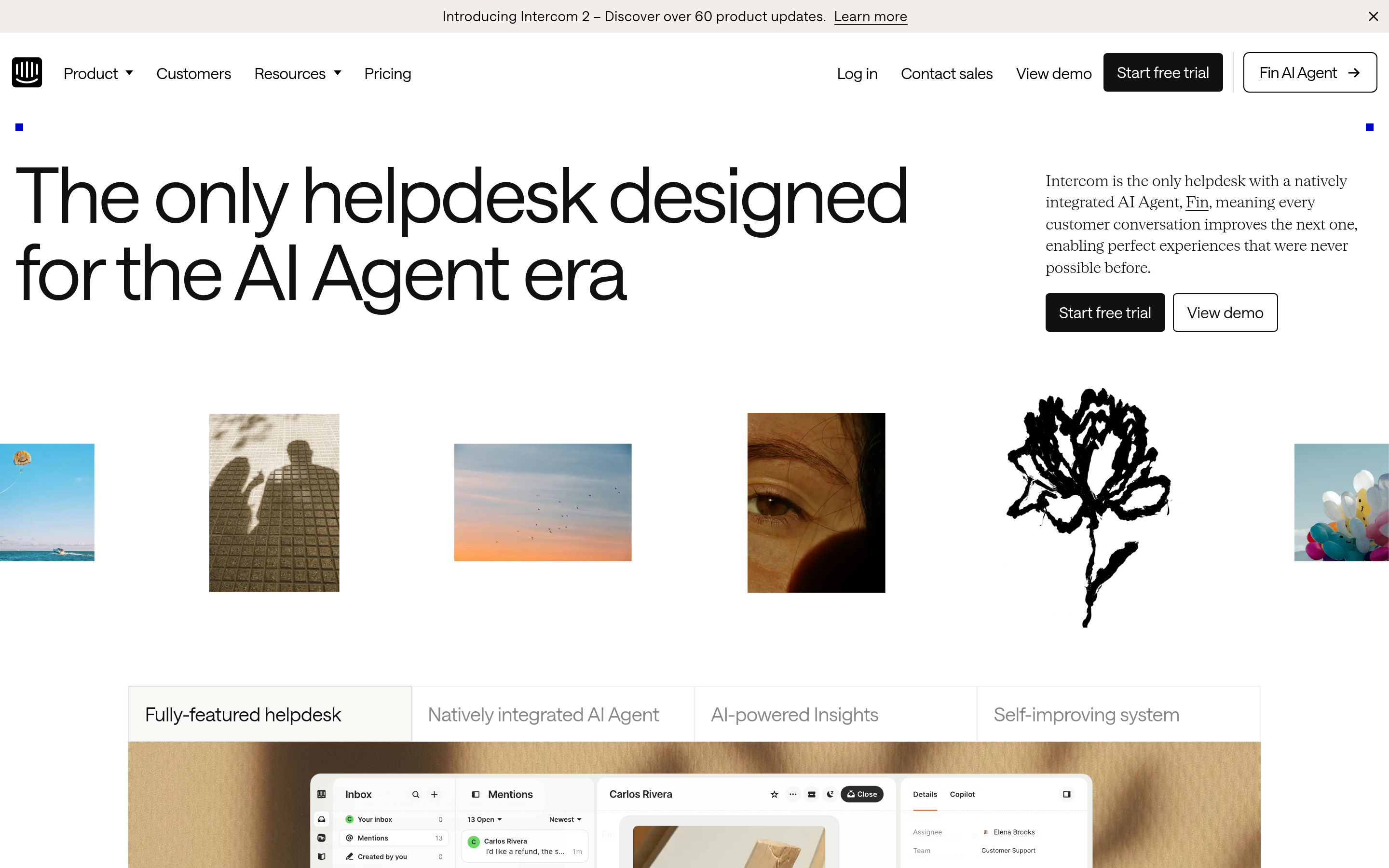 Intercom website screenshot — product, features and pricing