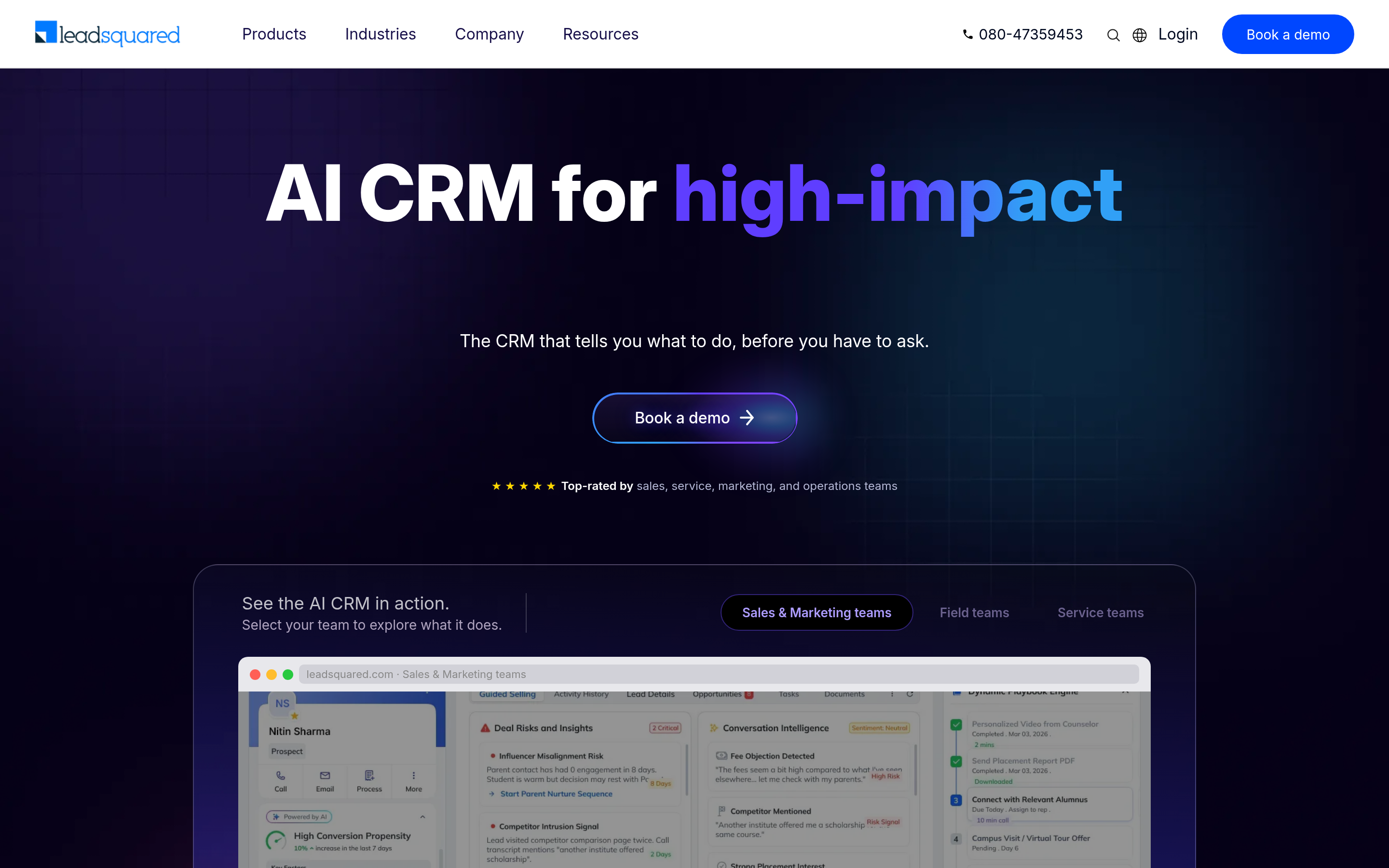 LeadSquared website screenshot — product, features and pricing