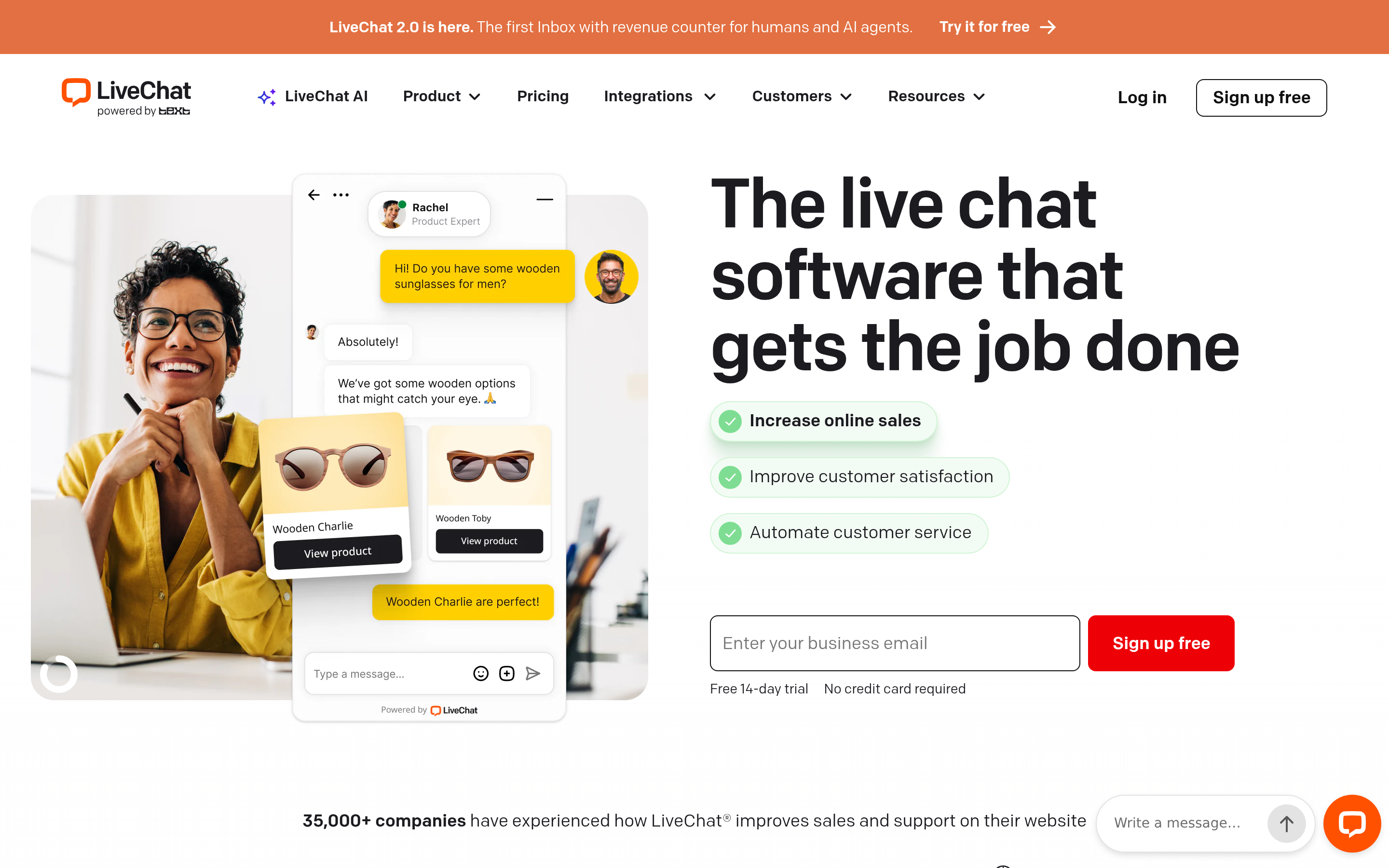 LiveChat website screenshot — product, features and pricing
