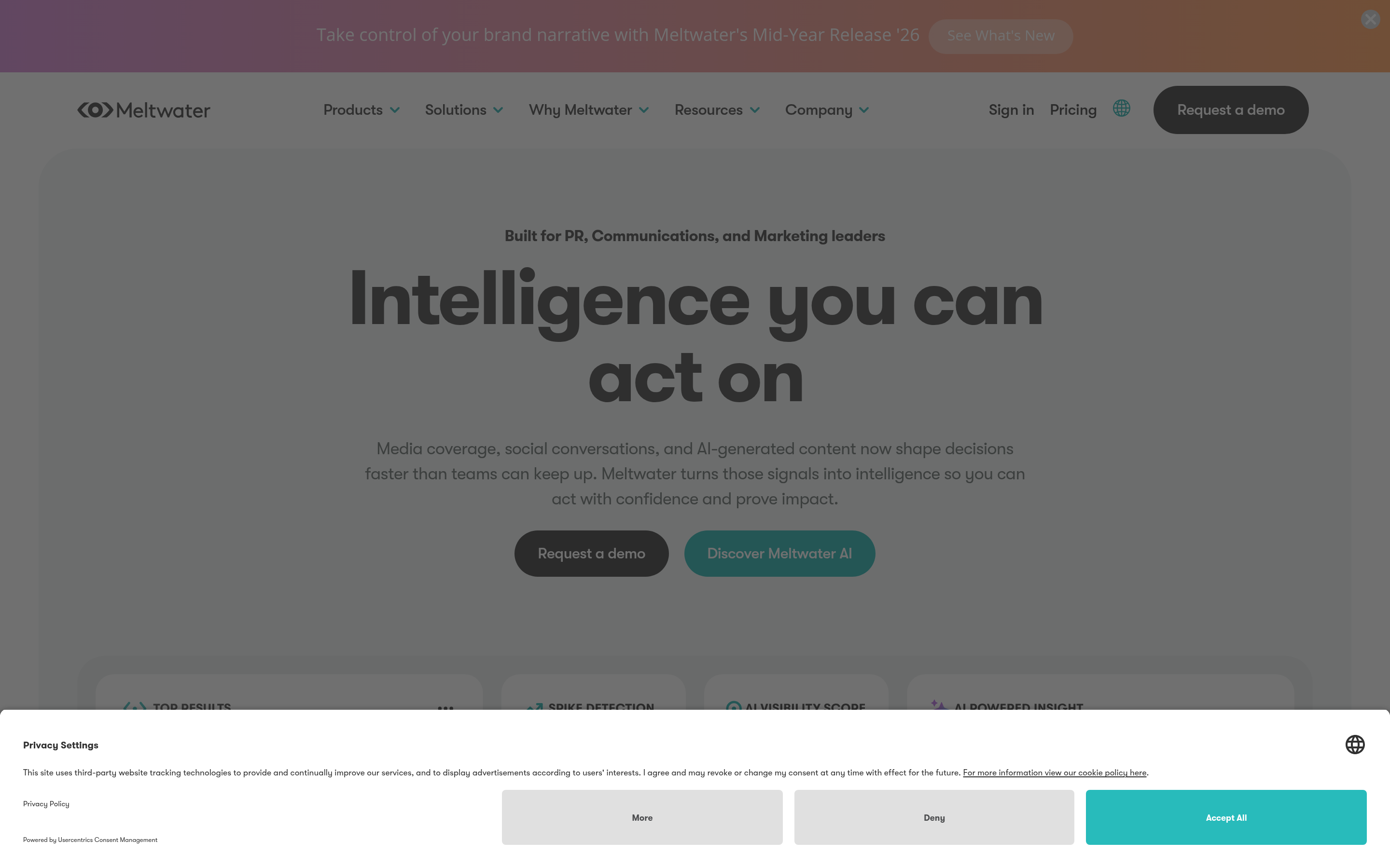 Meltwater website screenshot — product, features and pricing