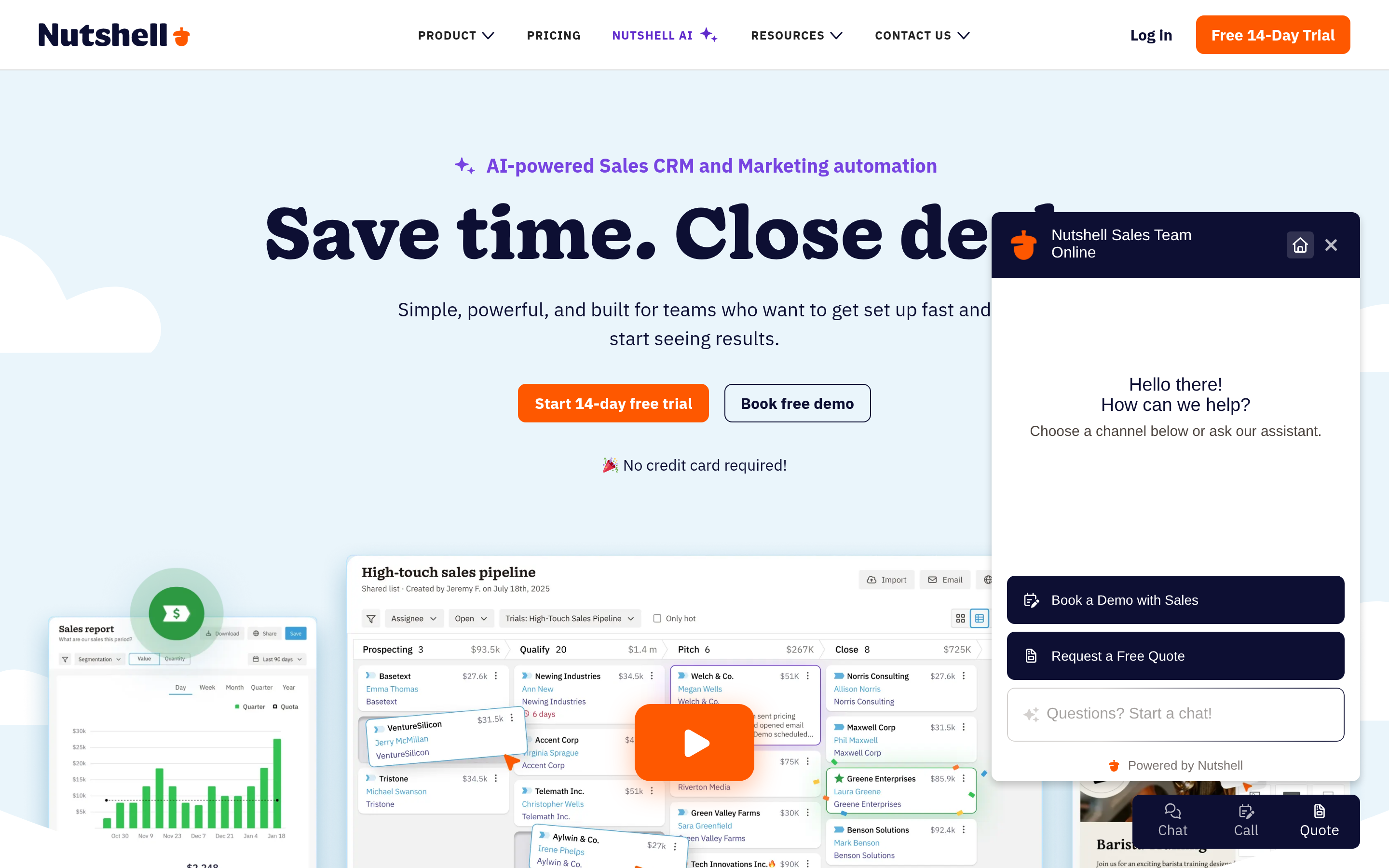 Nutshell website screenshot — product, features and pricing