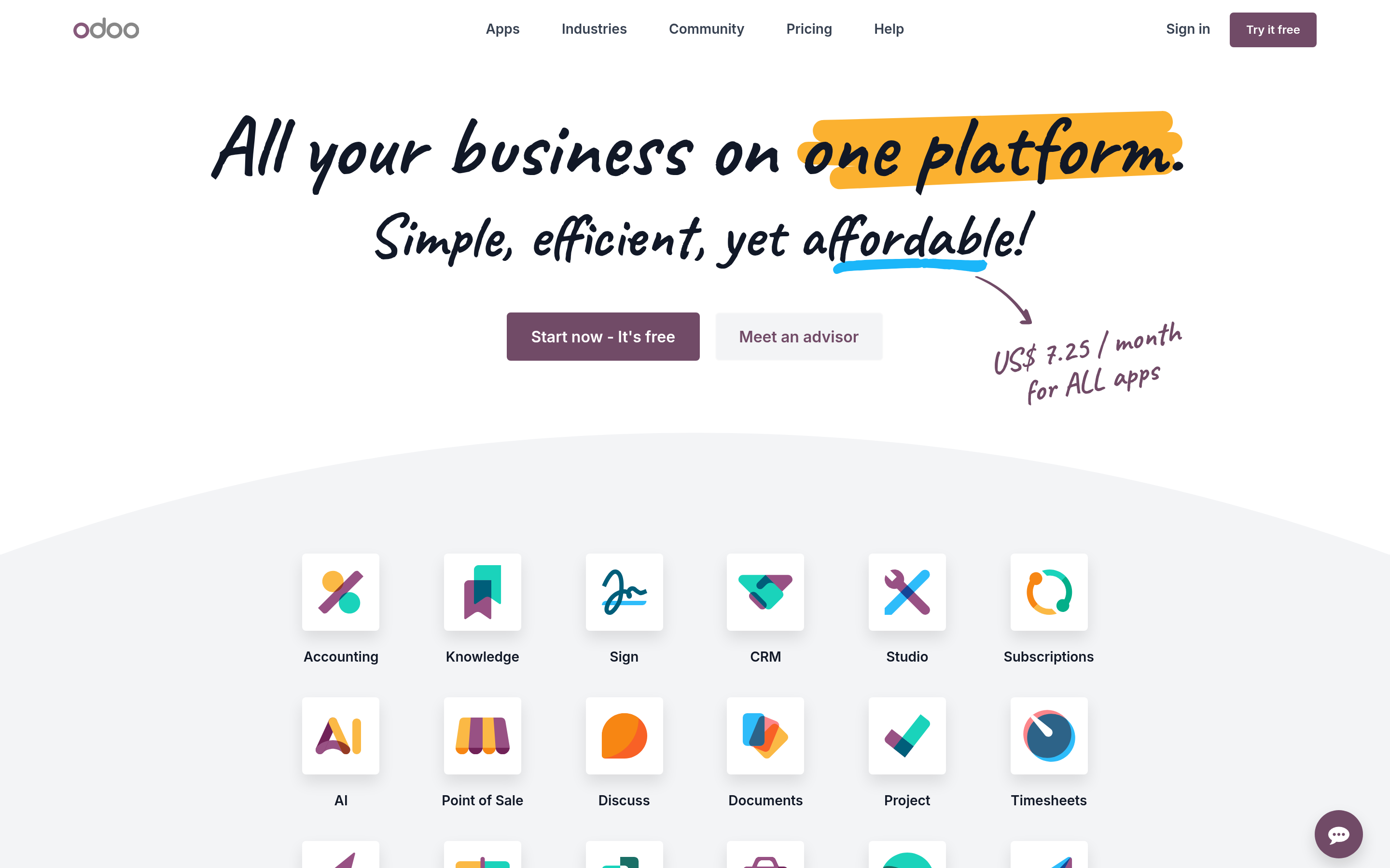 Odoo website screenshot — product, features and pricing