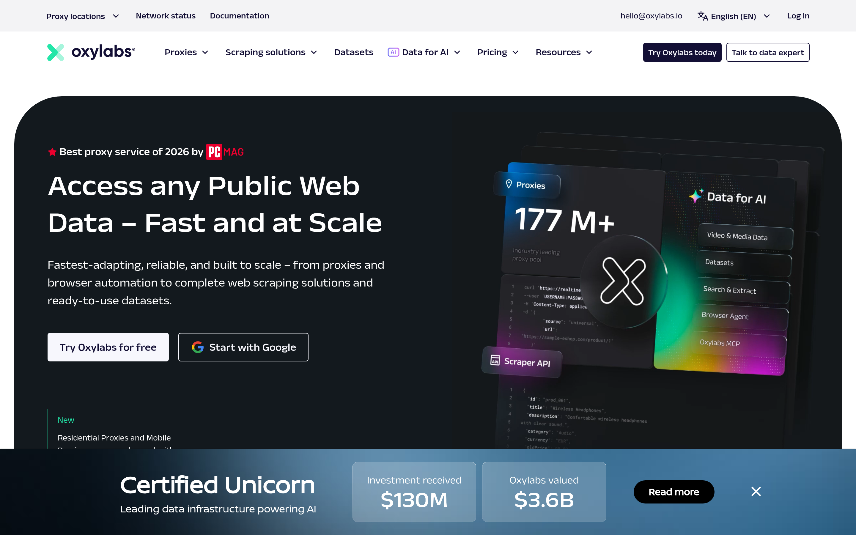 Oxylabs website screenshot — product, features and pricing