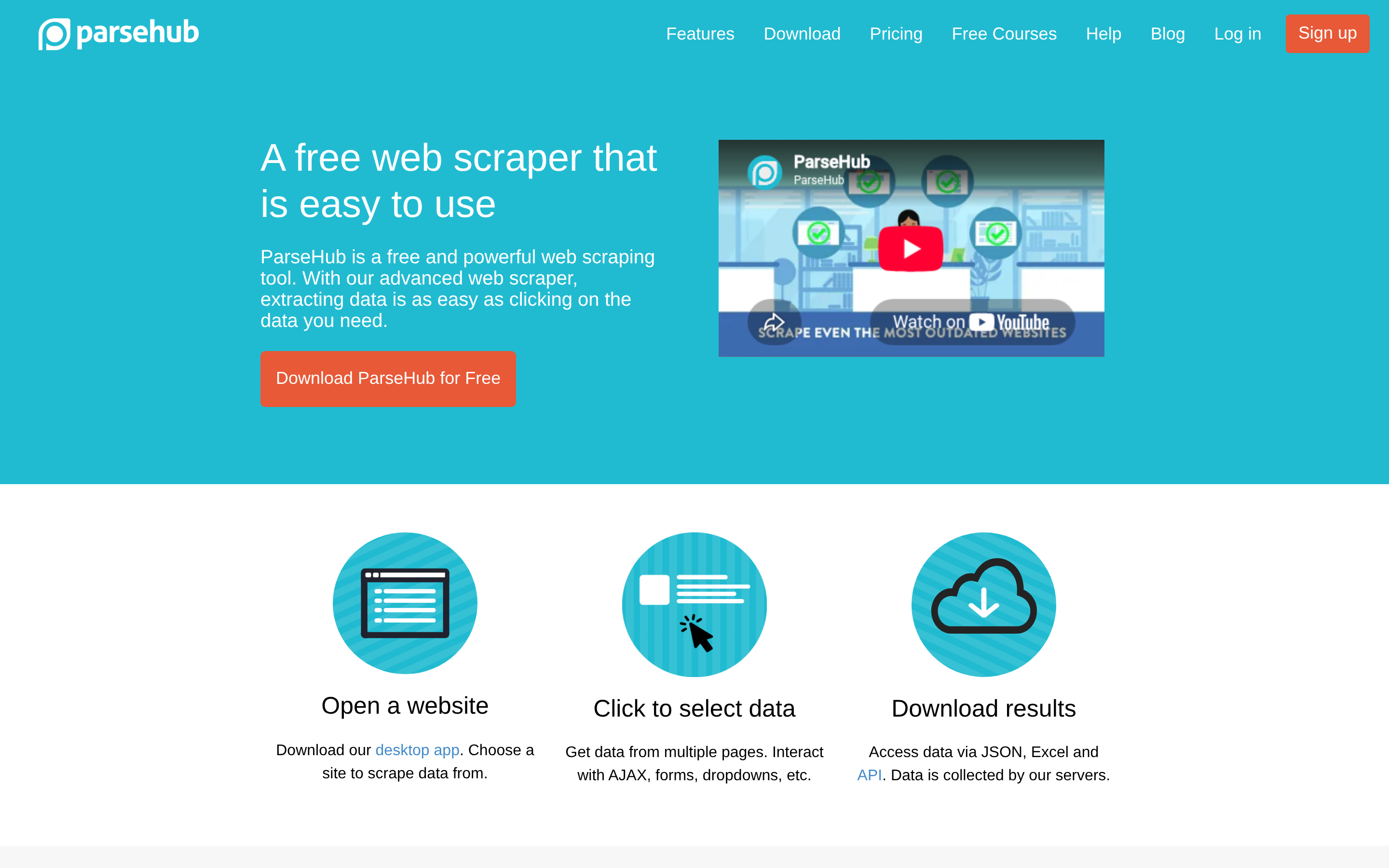 ParseHub website screenshot — product, features and pricing