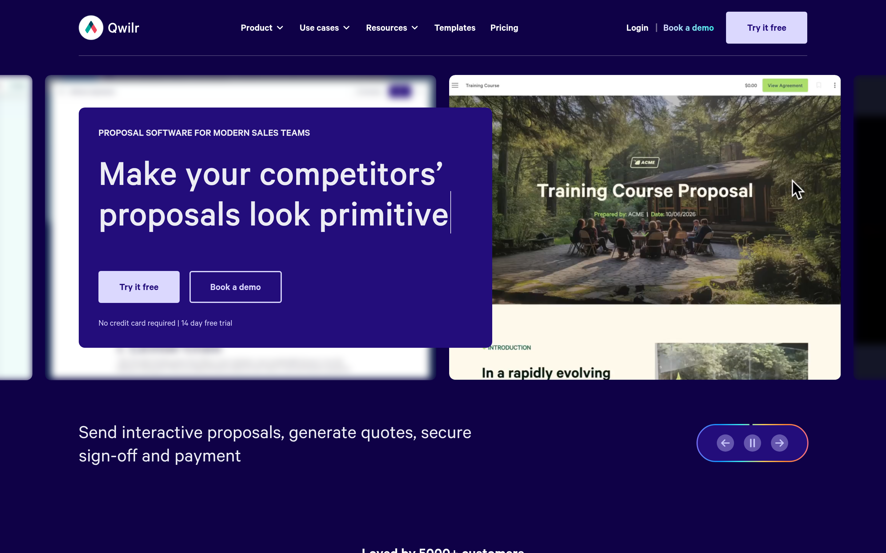 Qwilr website screenshot — product, features and pricing