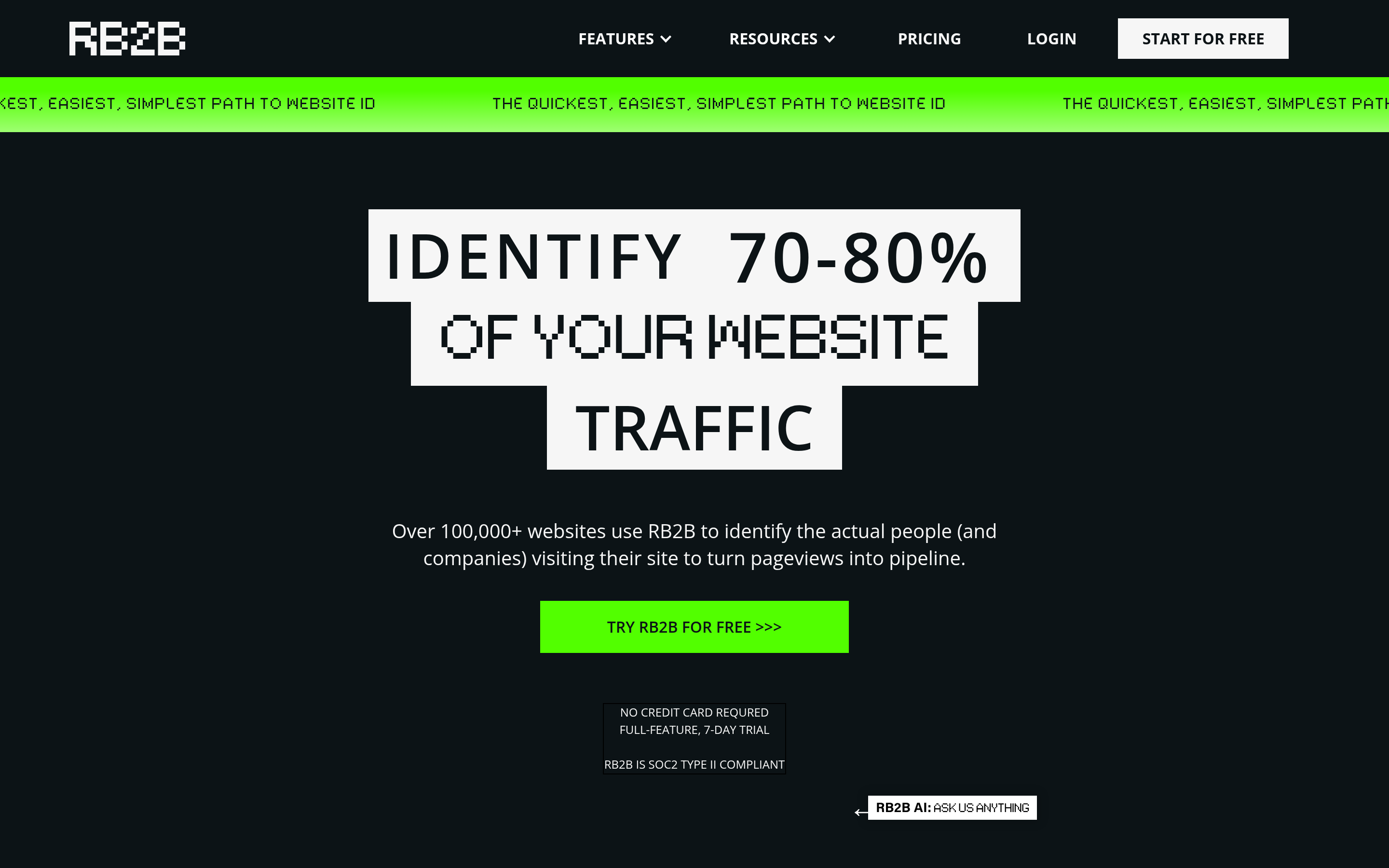 RB2B website screenshot — product, features and pricing