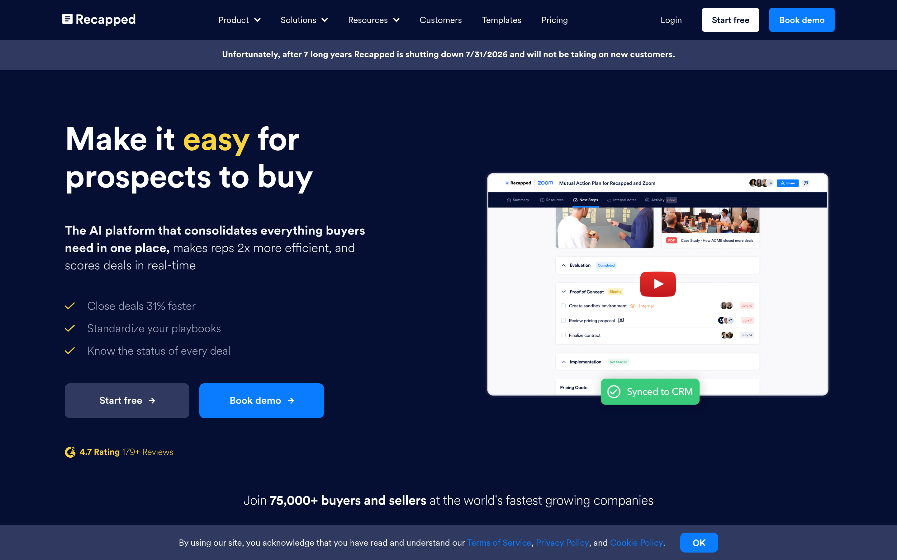Recapped website screenshot — product, features and pricing