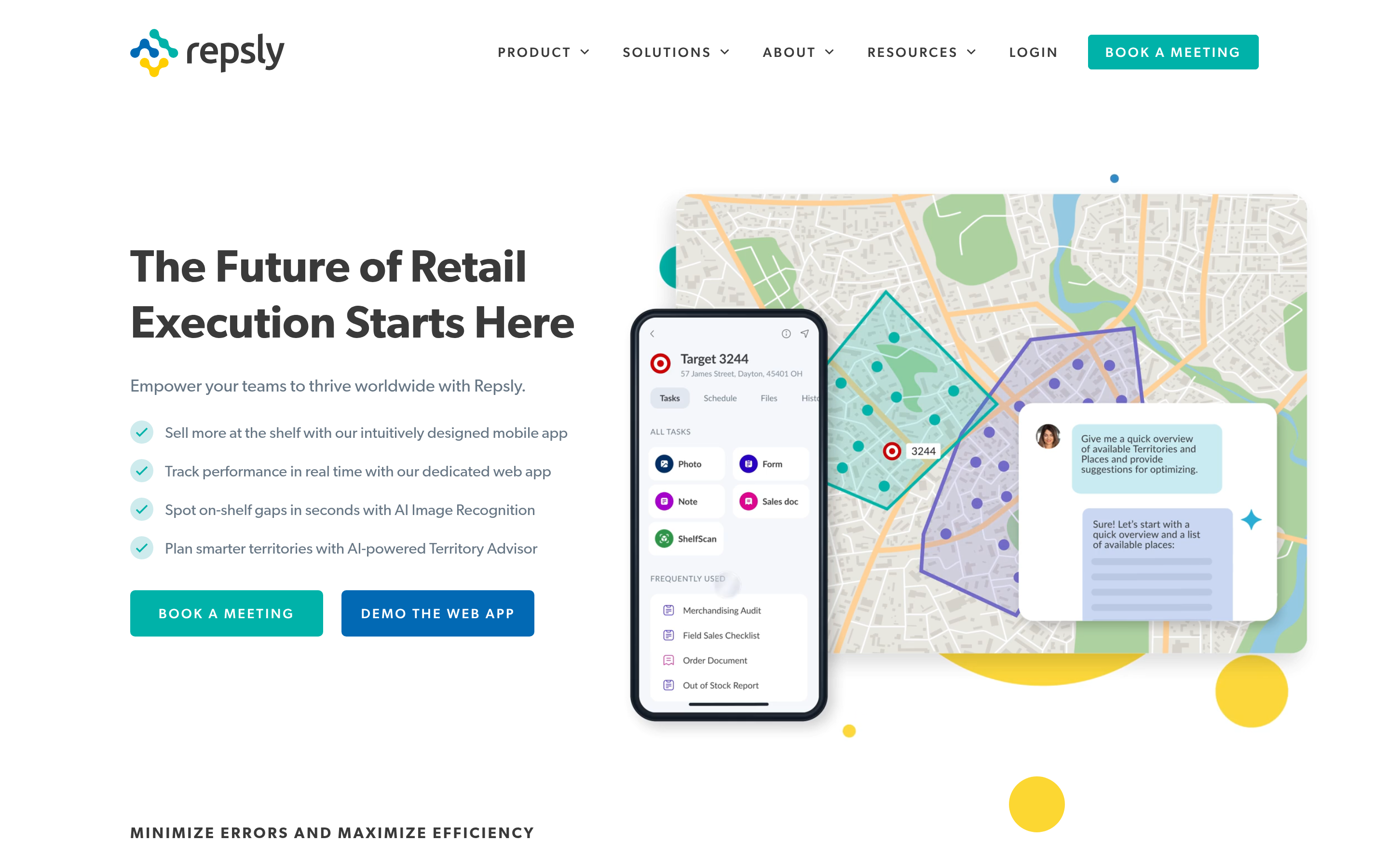 Repsly website screenshot — product, features and pricing