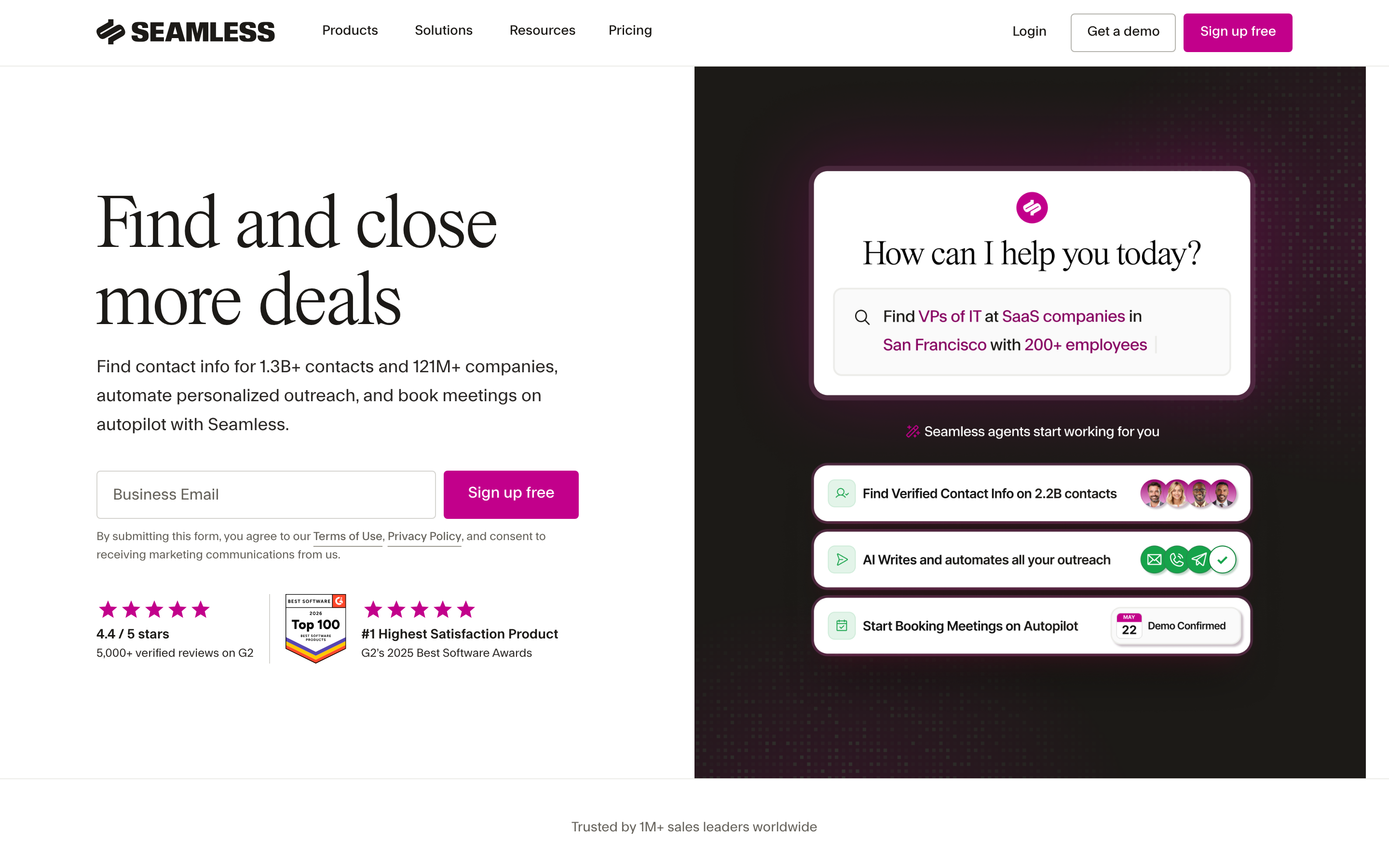 Seamless.AI website screenshot — product, features and pricing