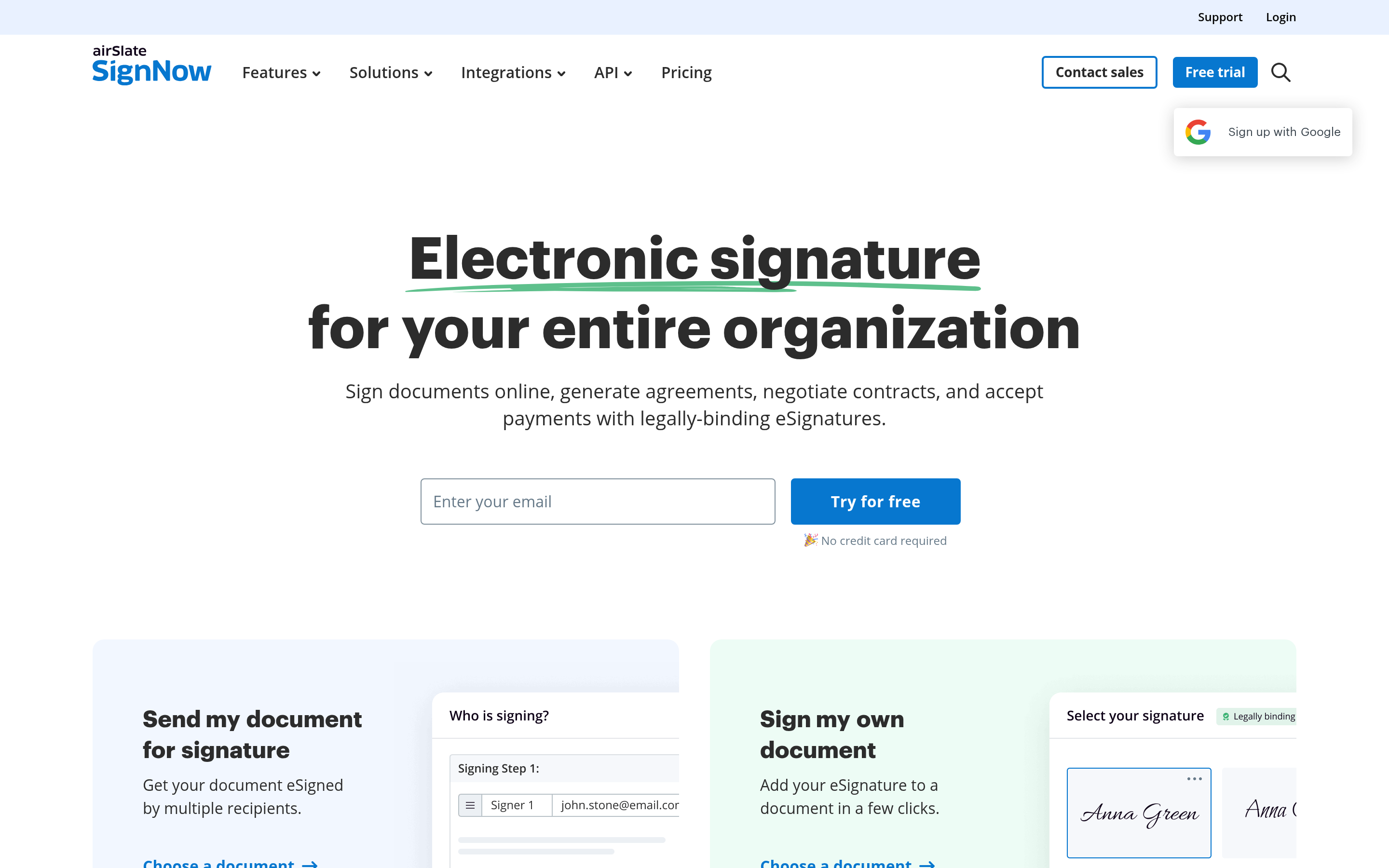 SignNow website screenshot — product, features and pricing