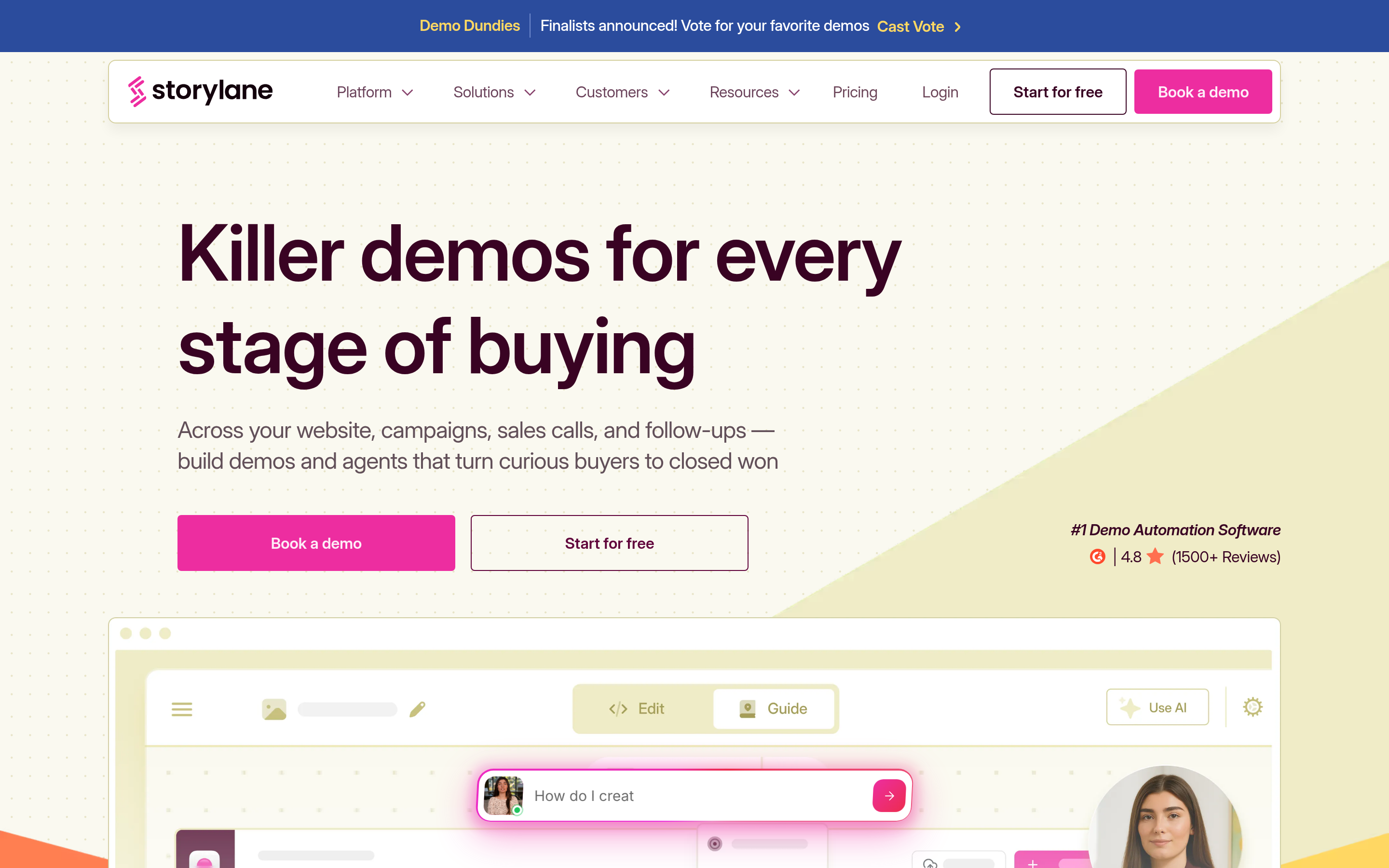 Storylane website screenshot — product, features and pricing