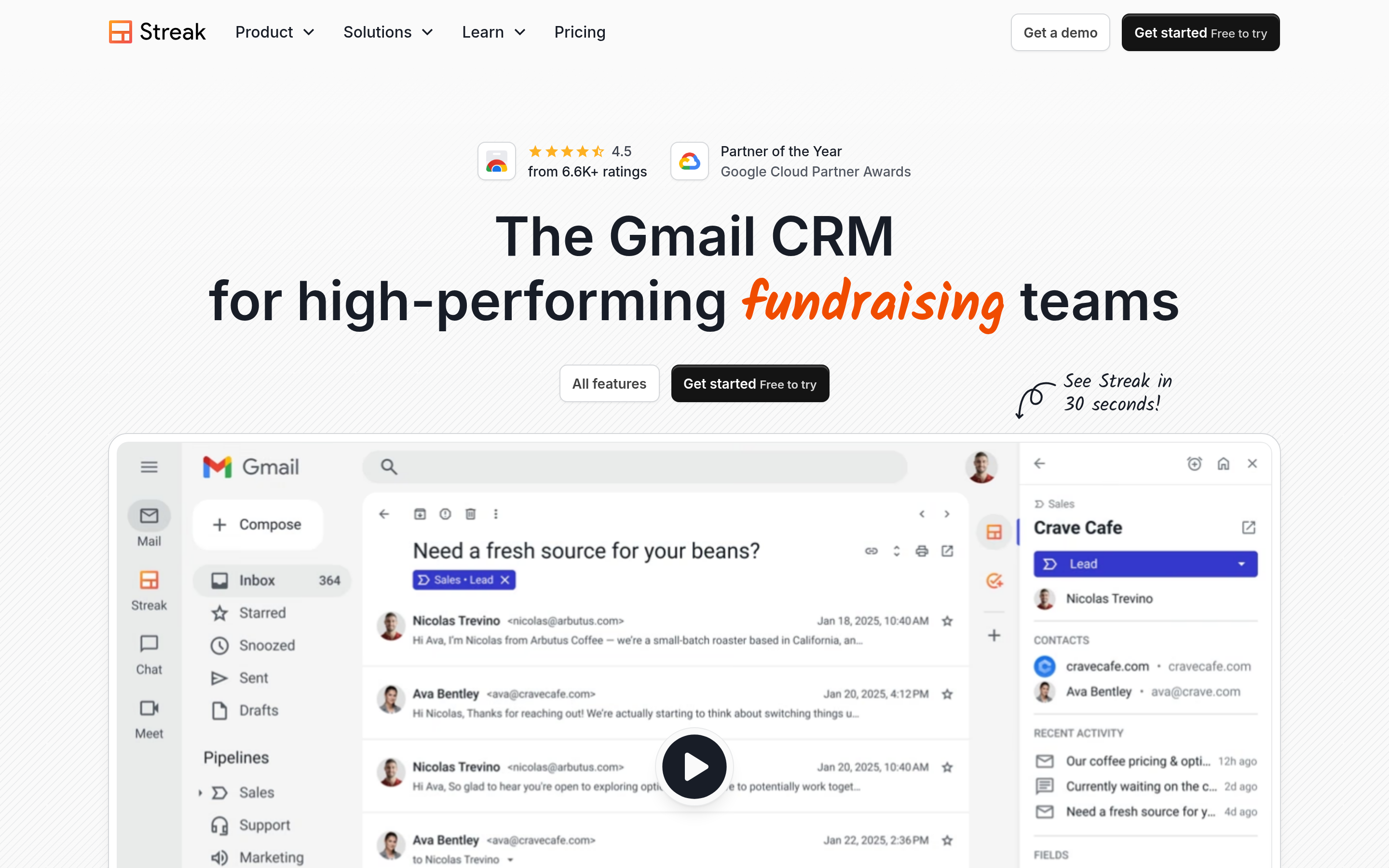 Streak website screenshot — product, features and pricing