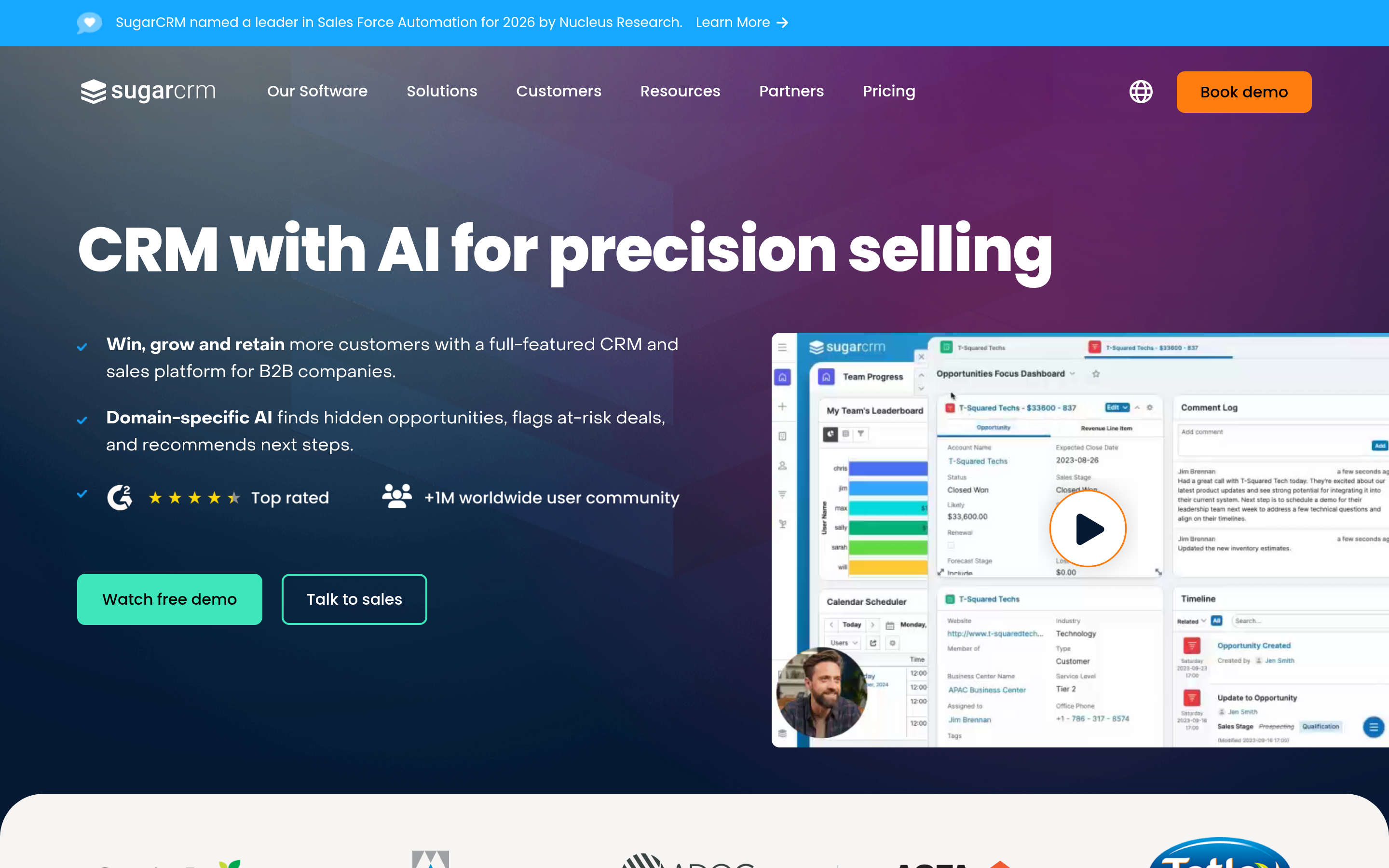 SugarCRM website screenshot — product, features and pricing