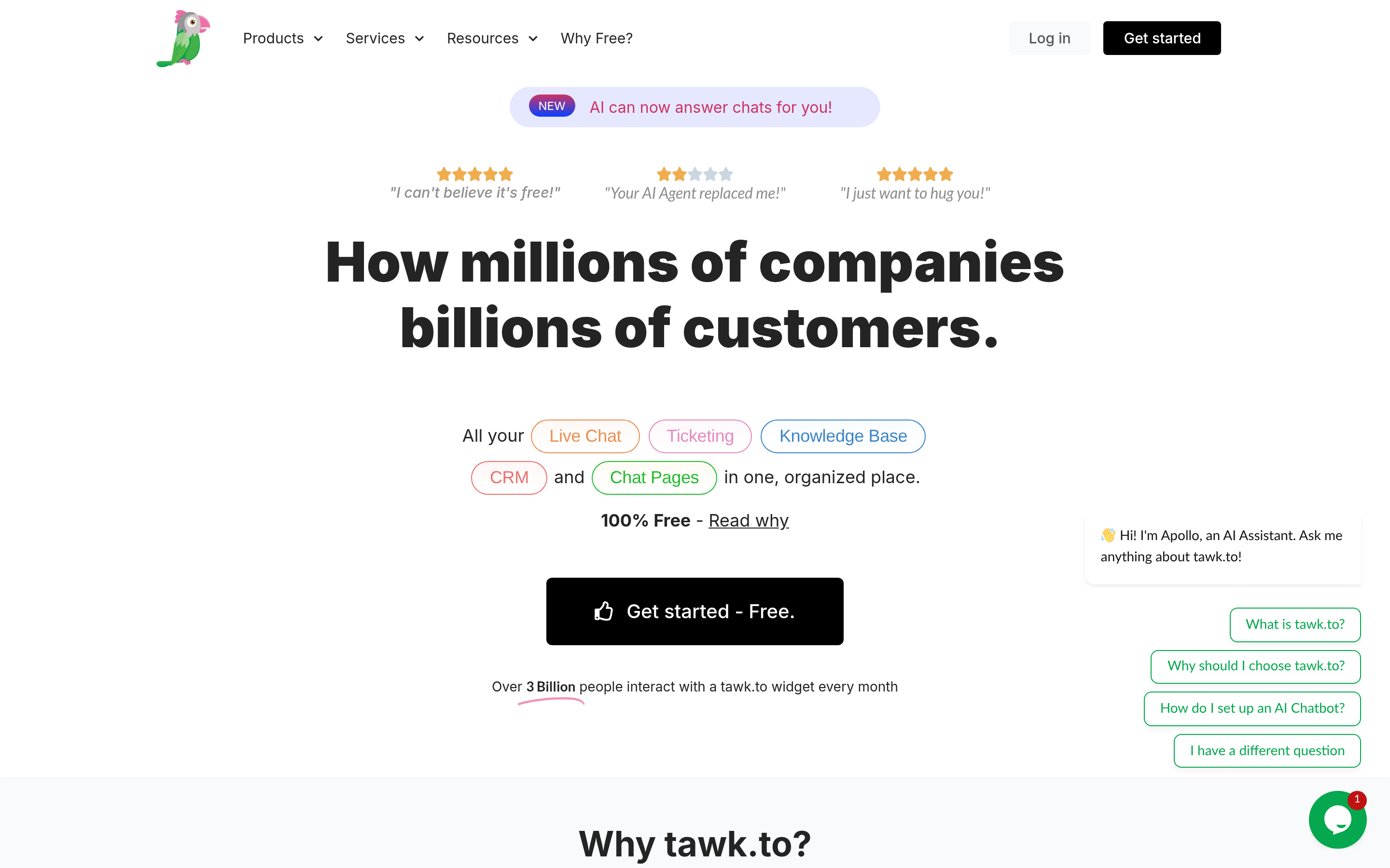 Tawk.to website screenshot — product, features and pricing