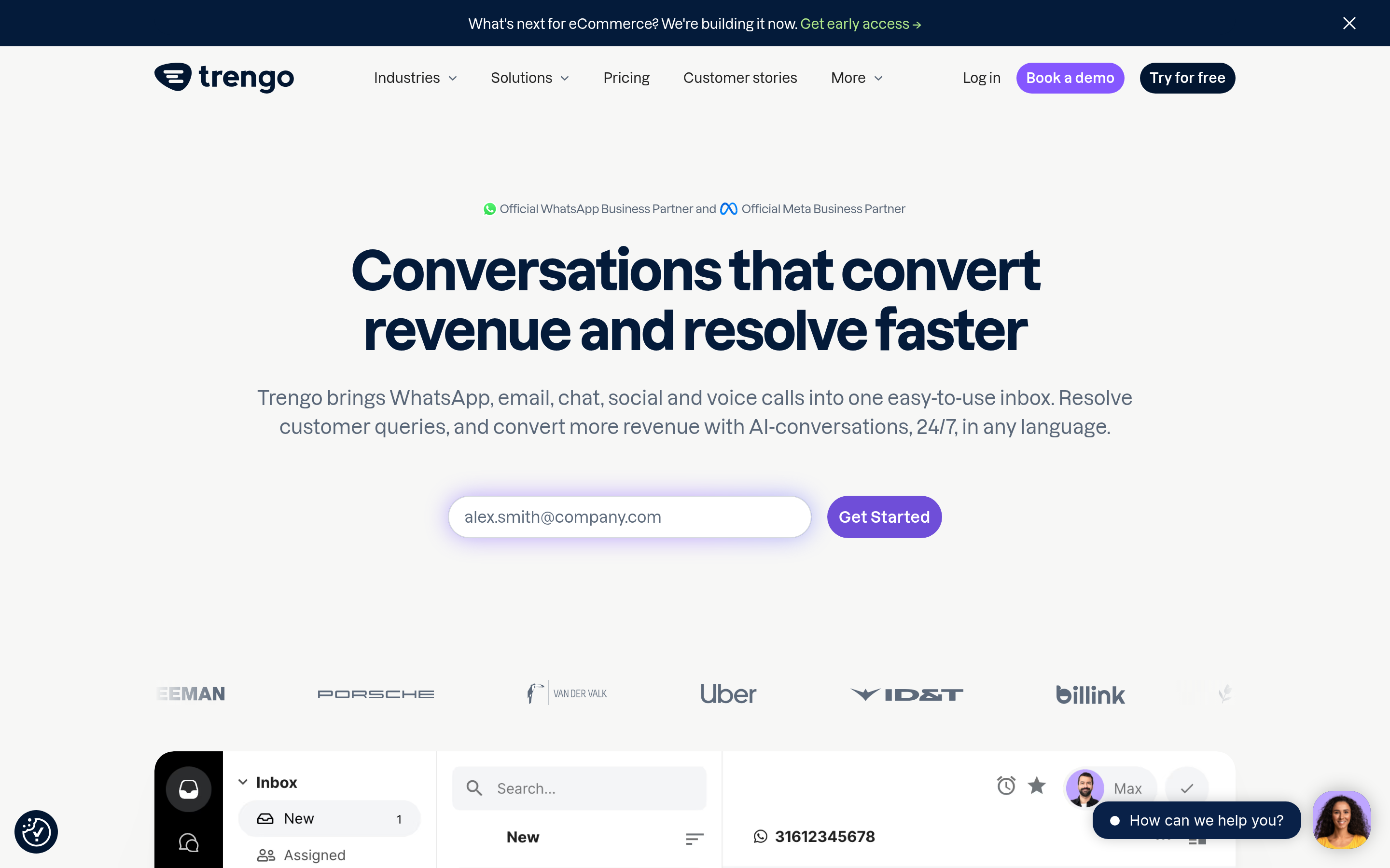 Trengo website screenshot — product, features and pricing