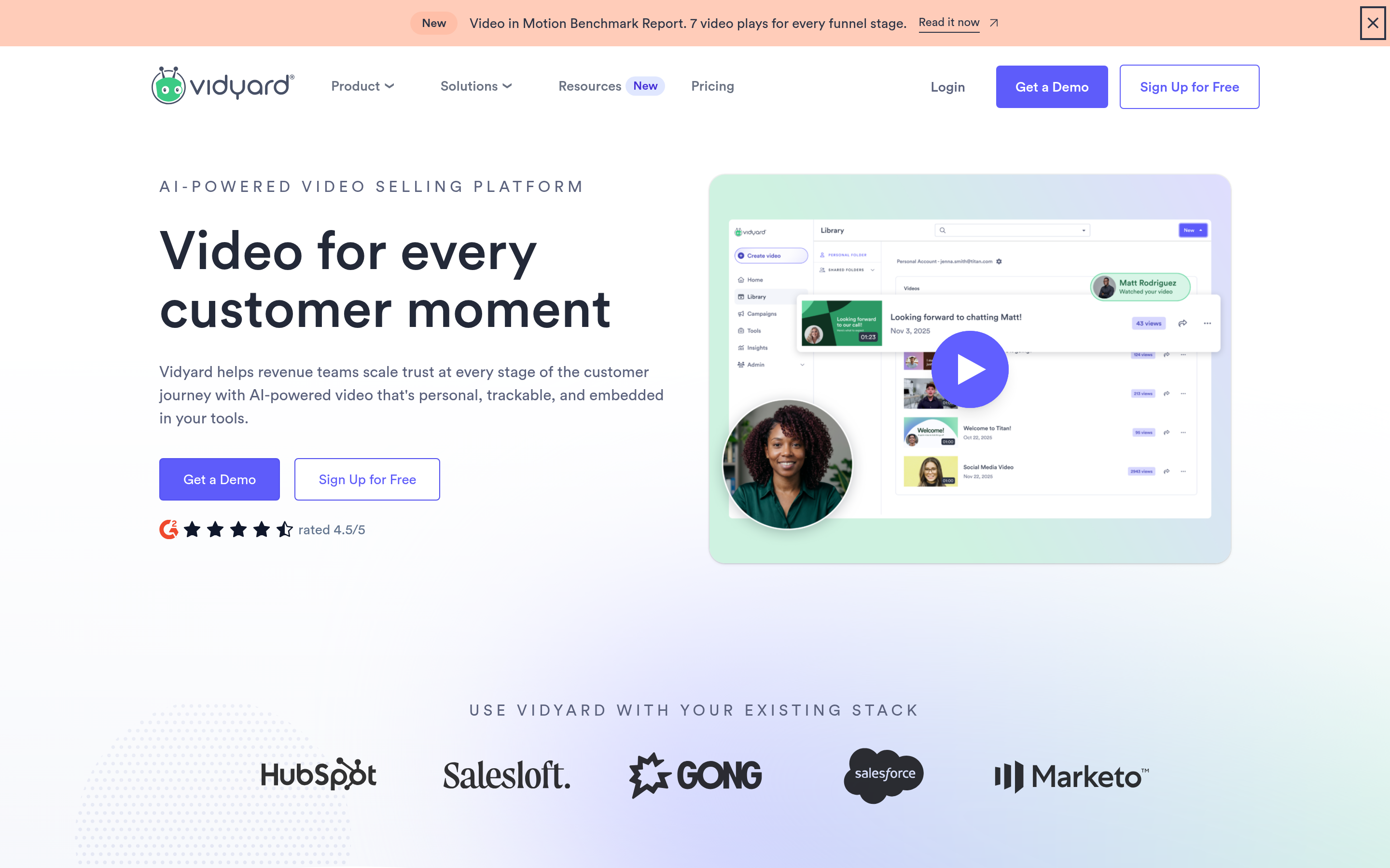 Vidyard website screenshot — product, features and pricing