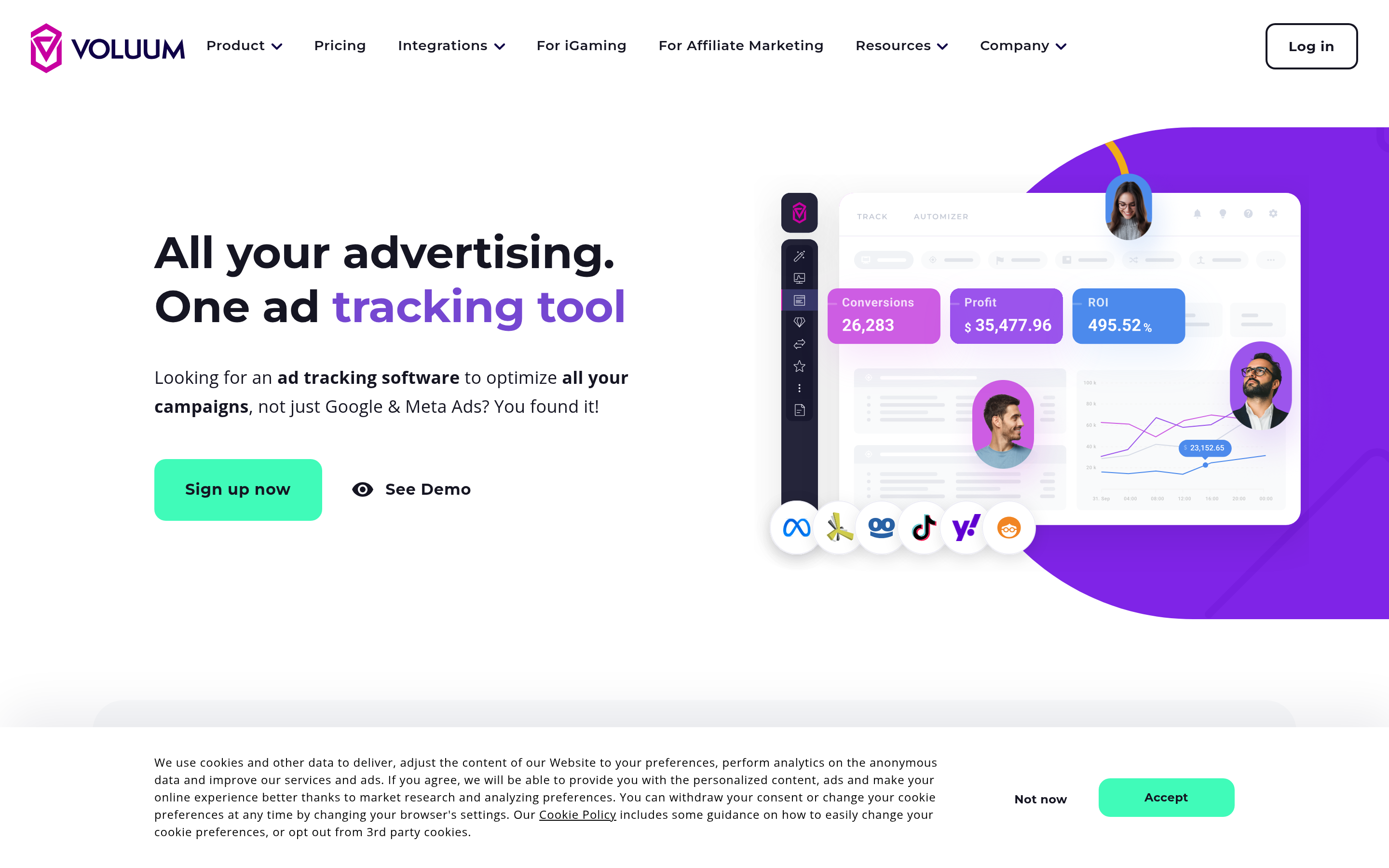 Voluum website screenshot — product, features and pricing