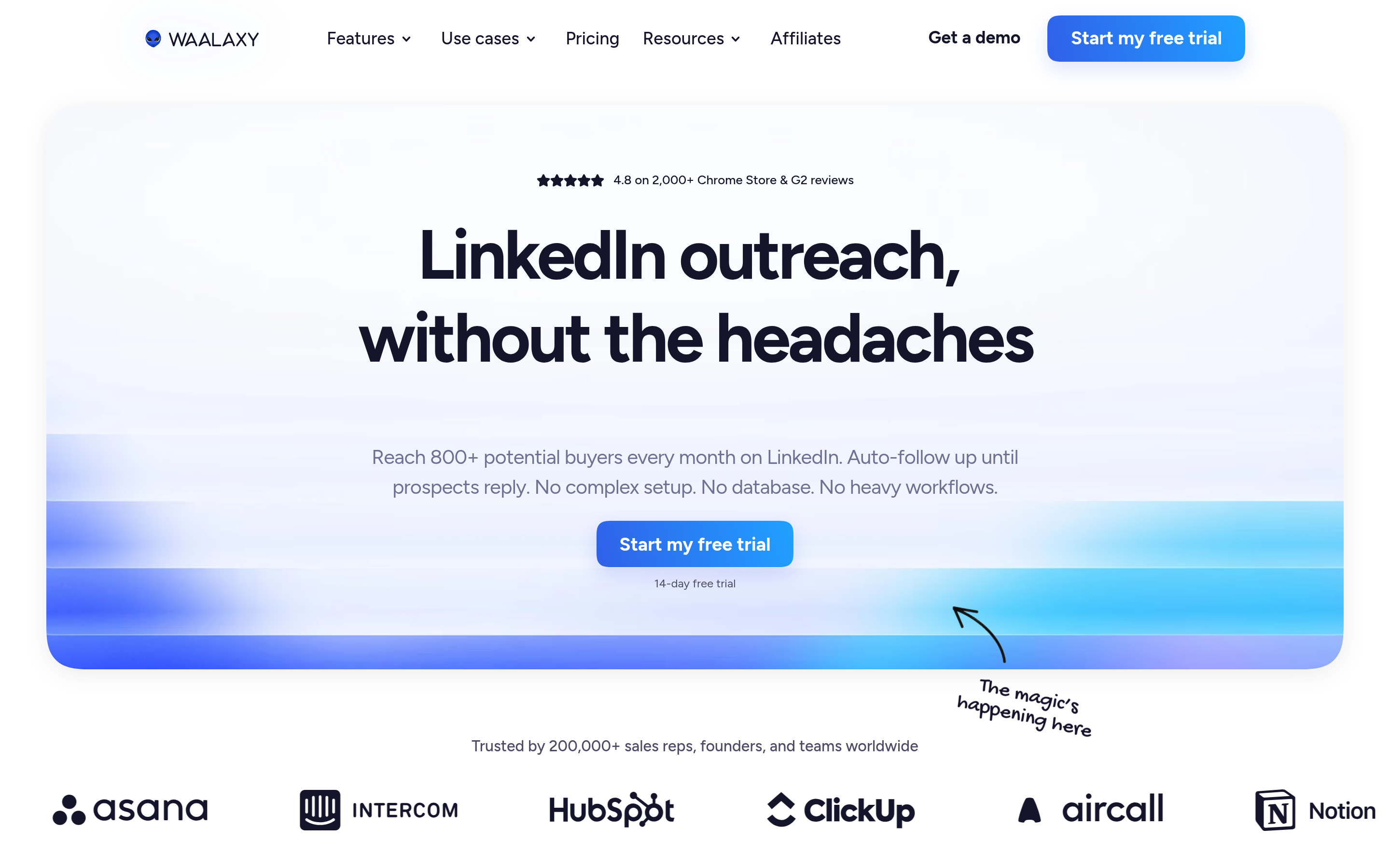 Waalaxy website screenshot — product, features and pricing