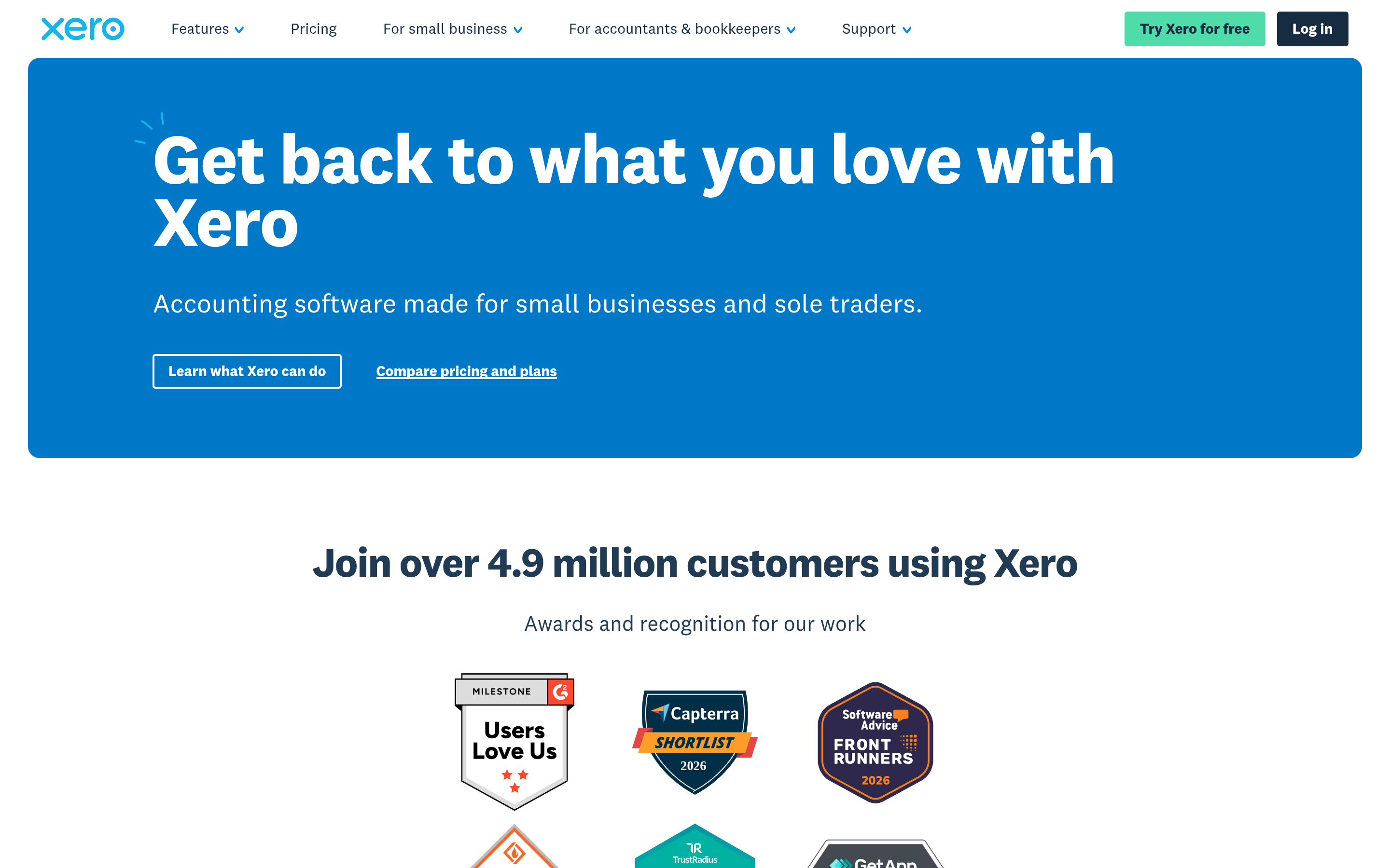 Xero website screenshot — product, features and pricing