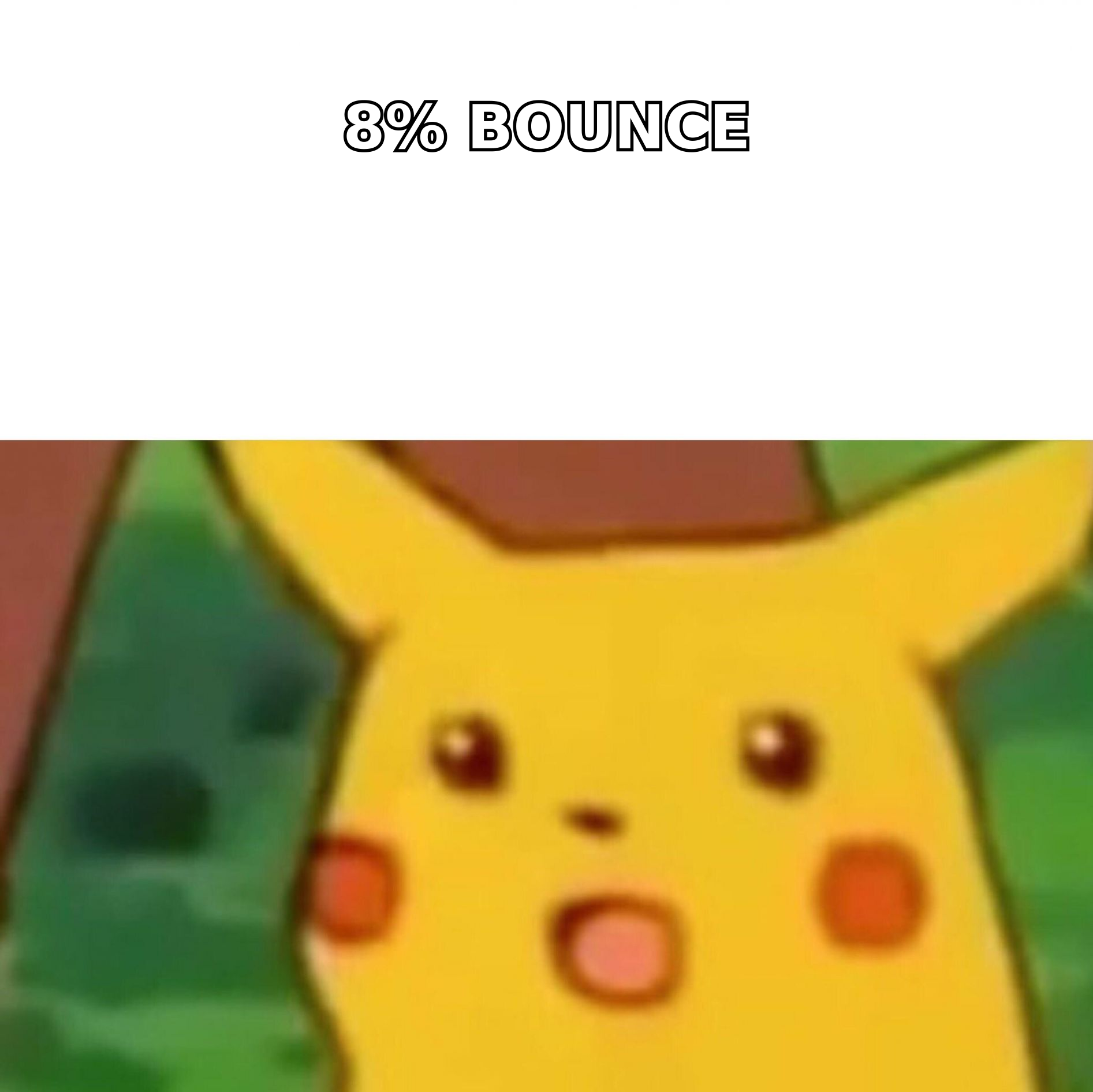 Surprised Pikachu meme reacting to an 8 percent bounce rate after skipping email verification