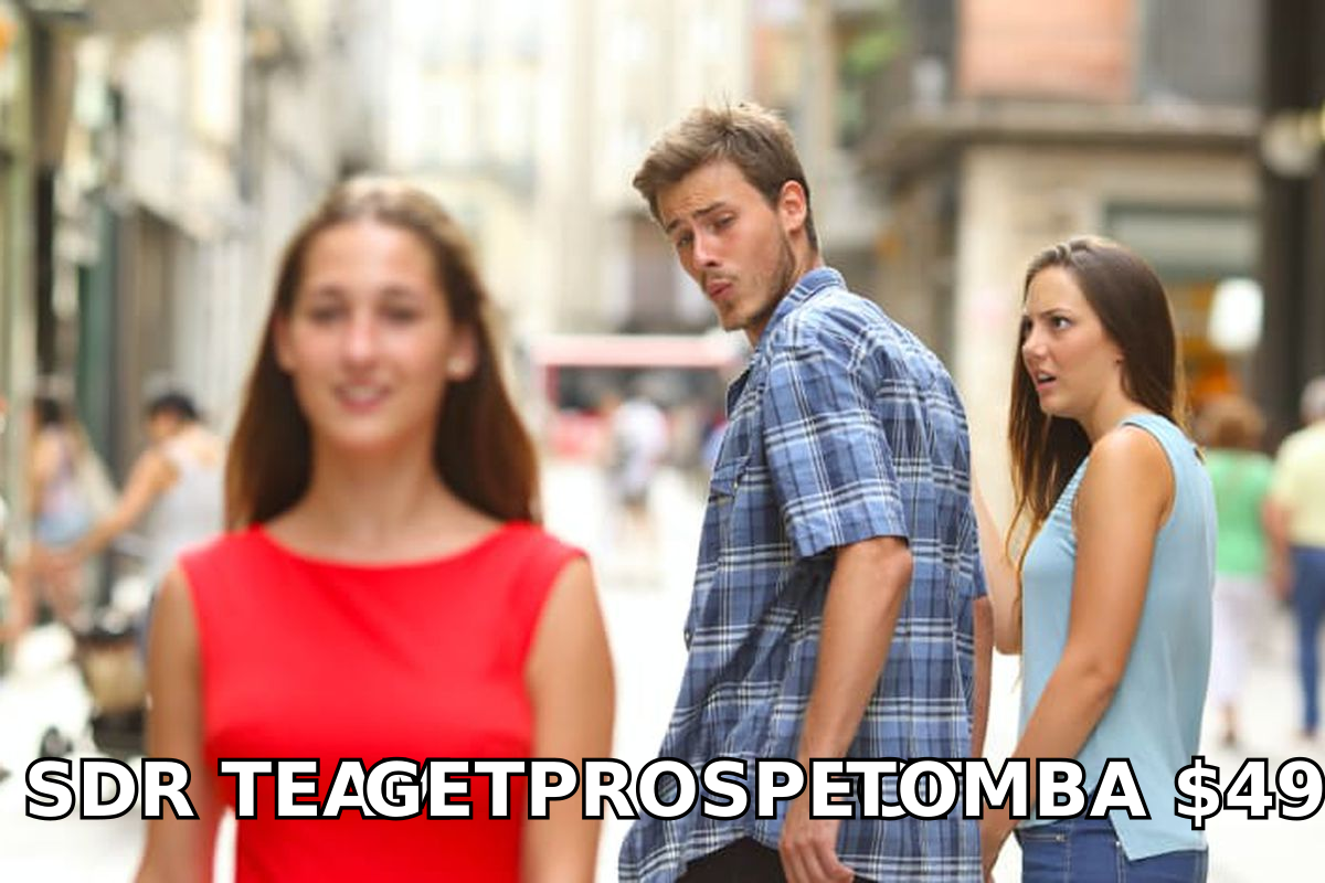 Distracted boyfriend meme: an SDR team looking away from one email finder toward a cheaper alternative