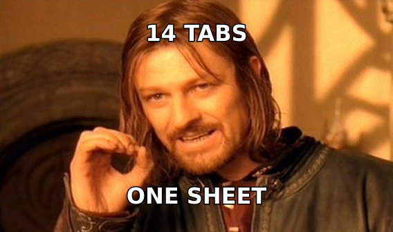 One does not simply maintain a 14-tab sales spreadsheet