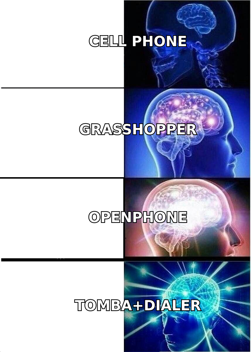 Expanding brain meme escalating from a personal cell phone to a full sales phone stack