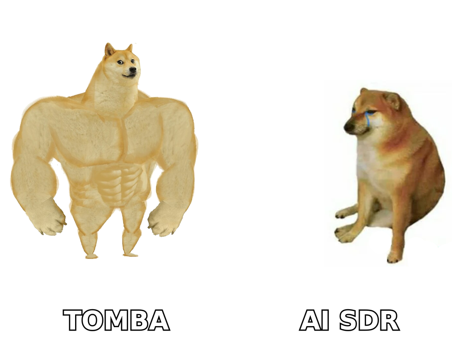 Buff doge labeled Tomba versus weak doge labeled AI SDR, showing verified data beating autonomous agents