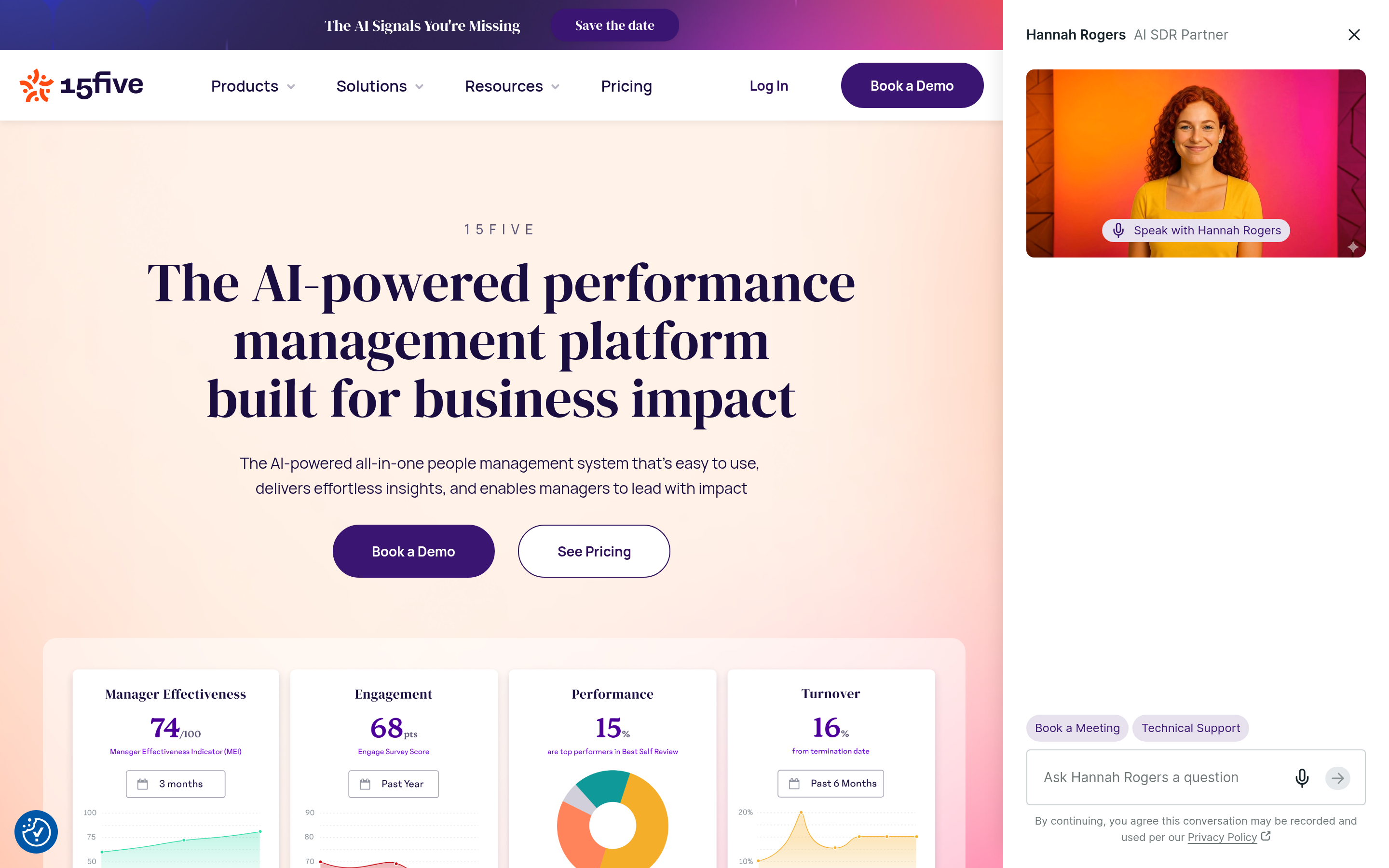 15Five website screenshot — product, features and pricing