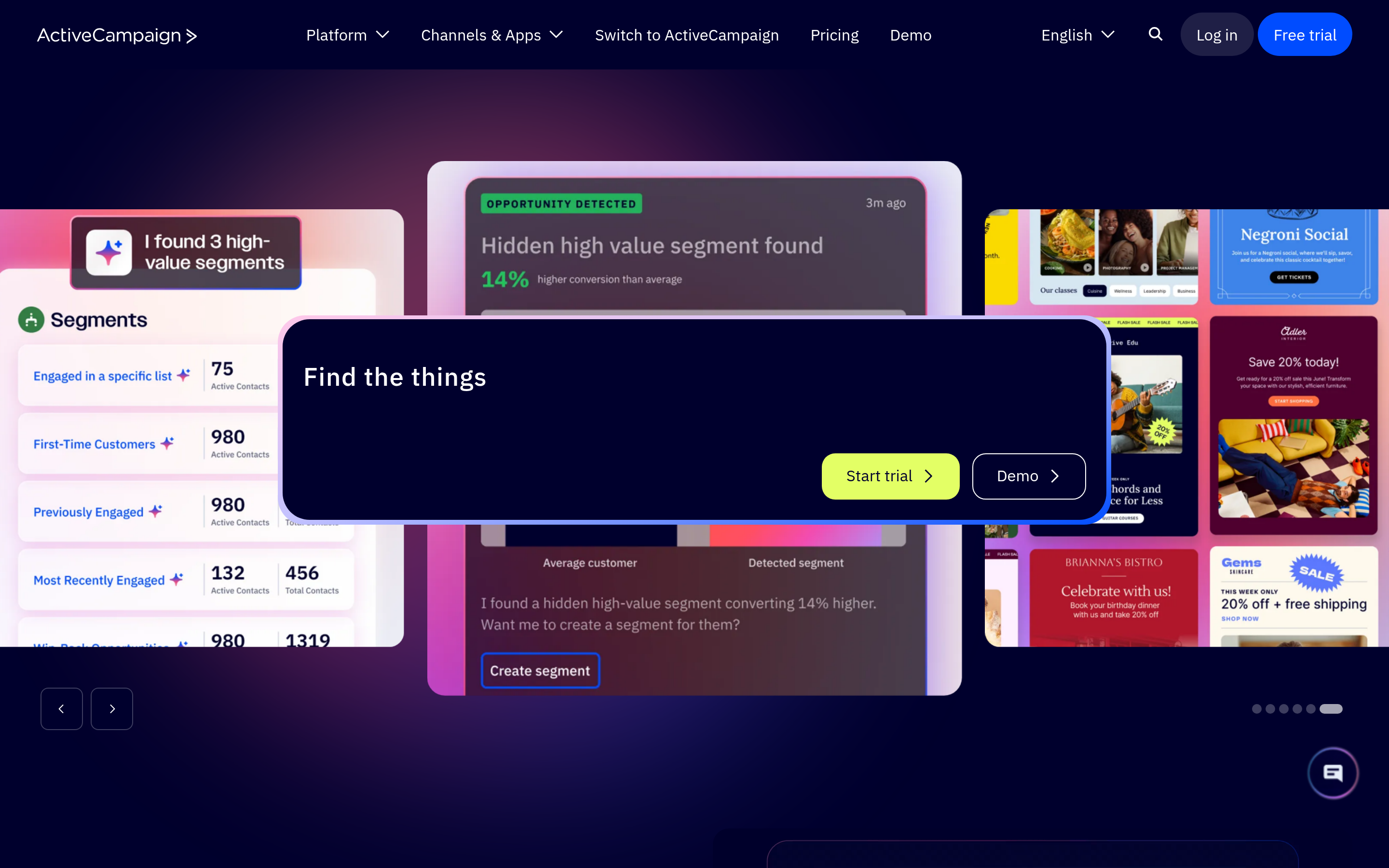 ActiveCampaign website screenshot — product, features and pricing