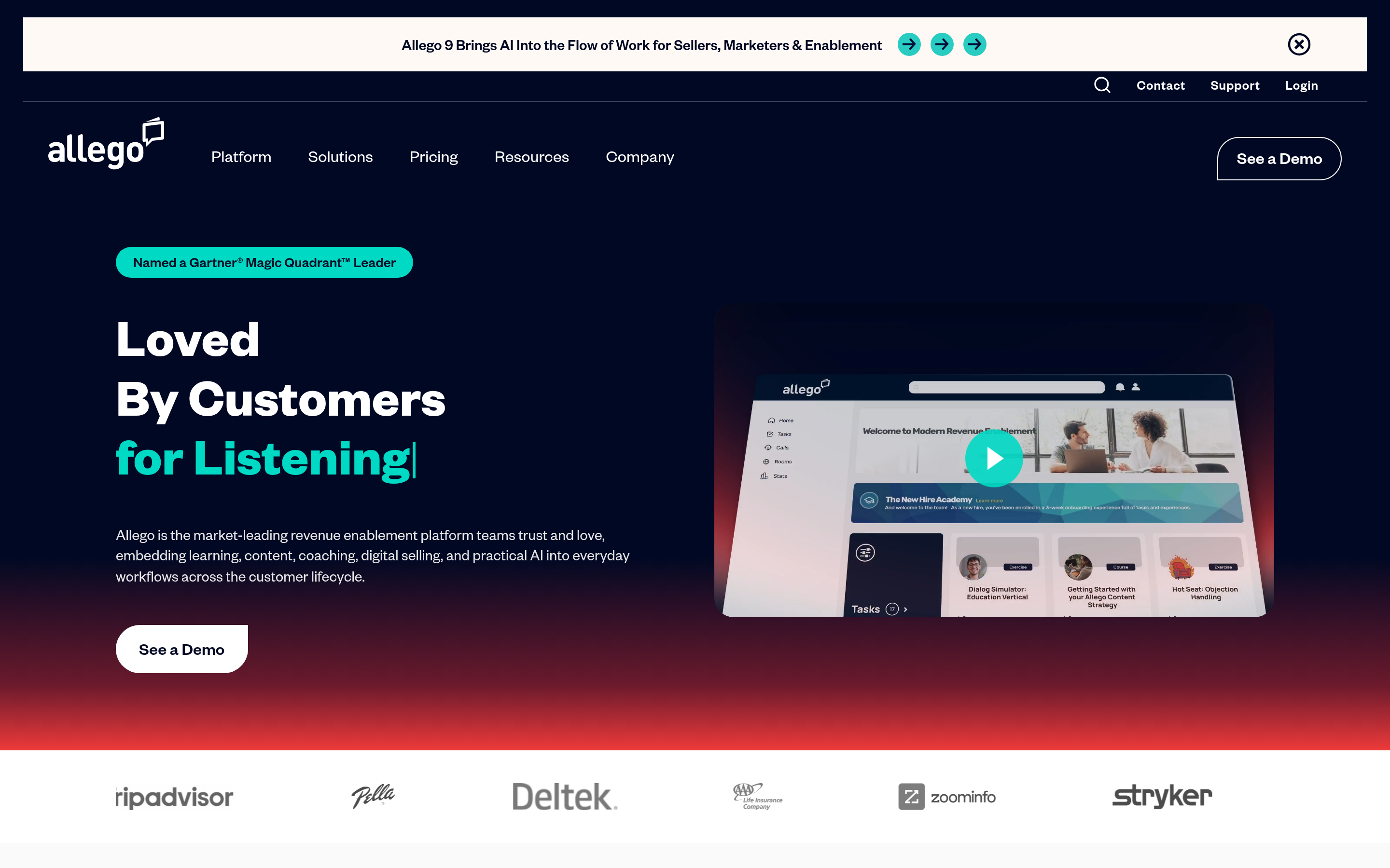 Allego website screenshot — product, features and pricing