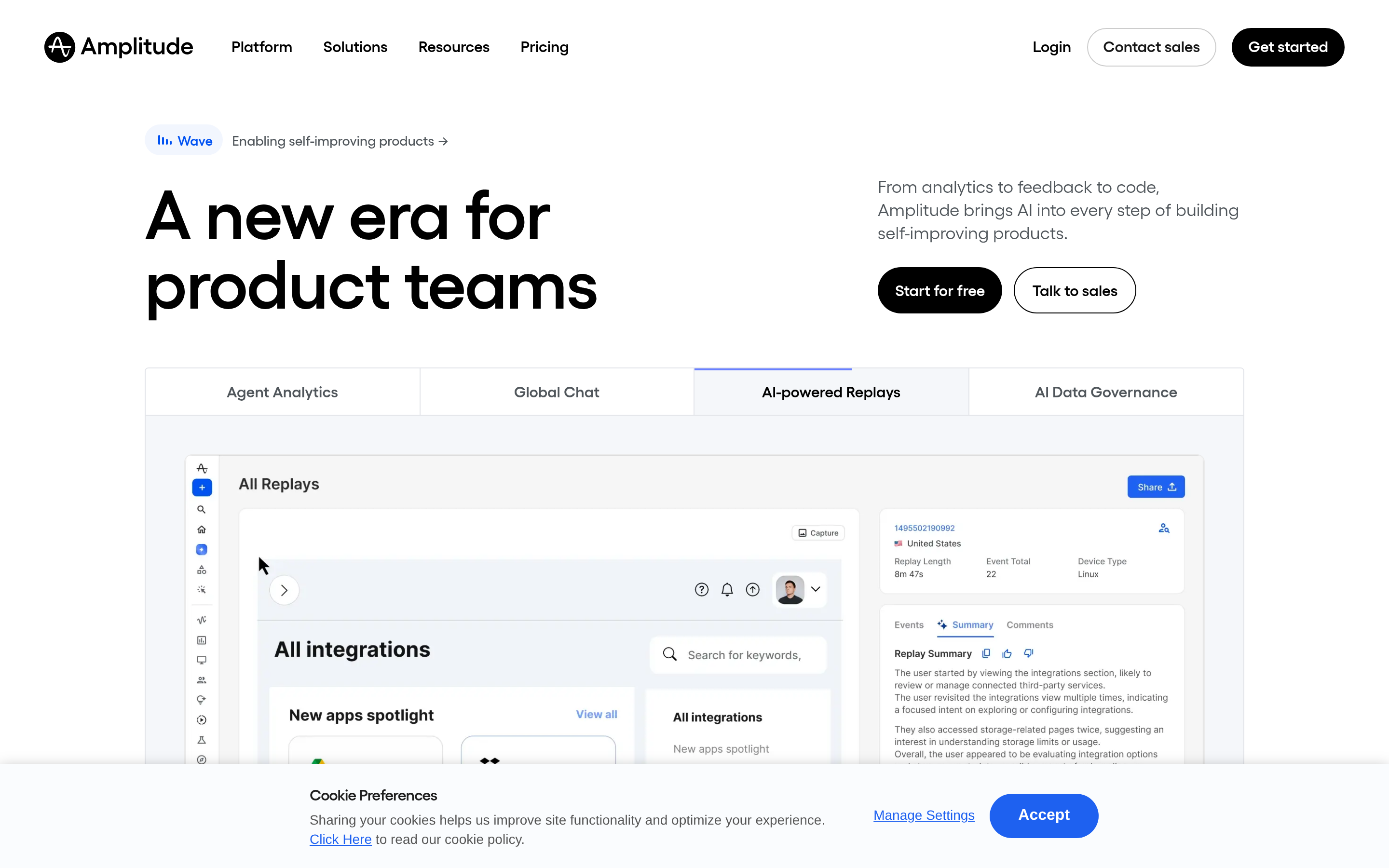 Amplitude website screenshot — product, features and pricing