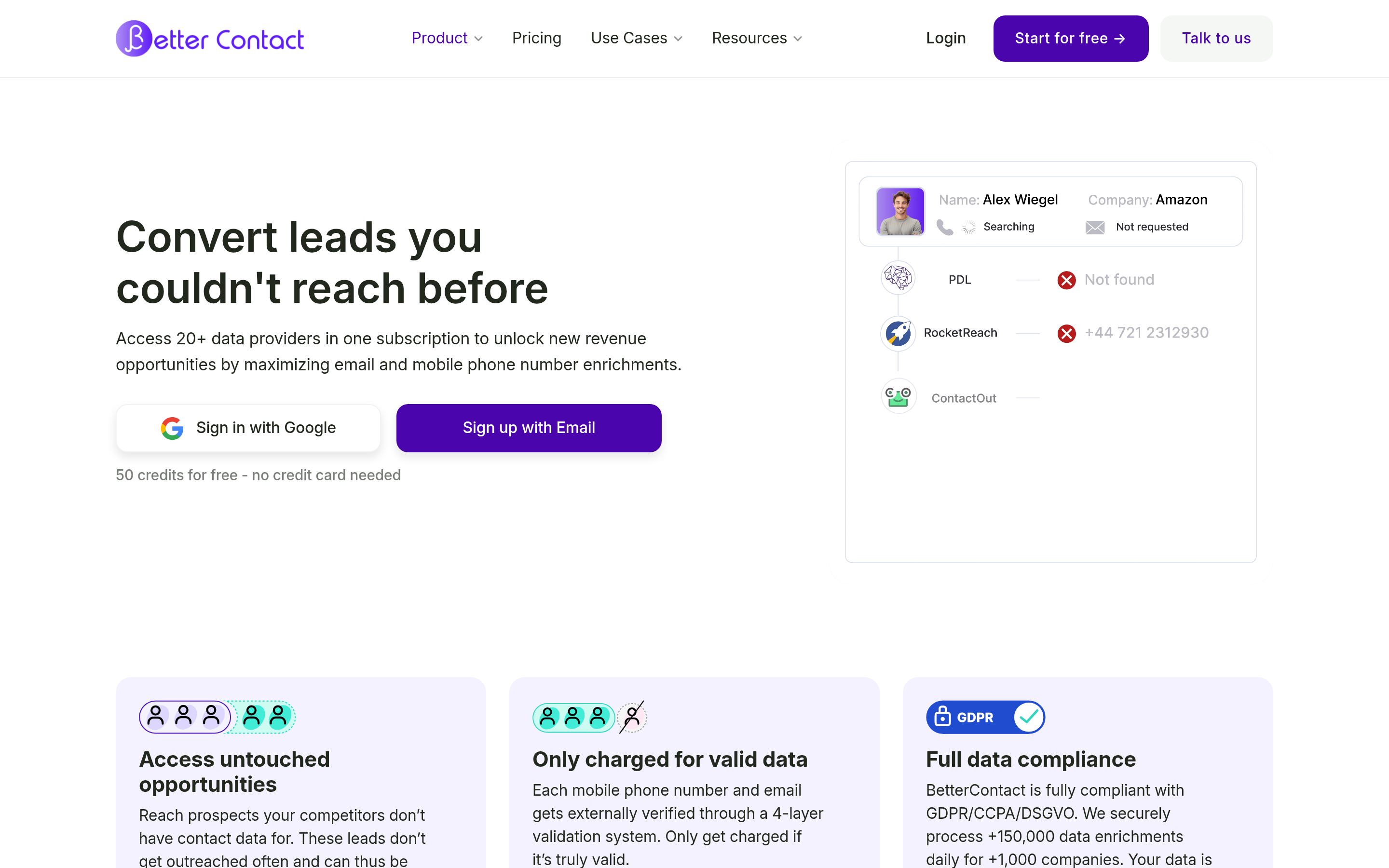 BetterContact website screenshot — product, features and pricing