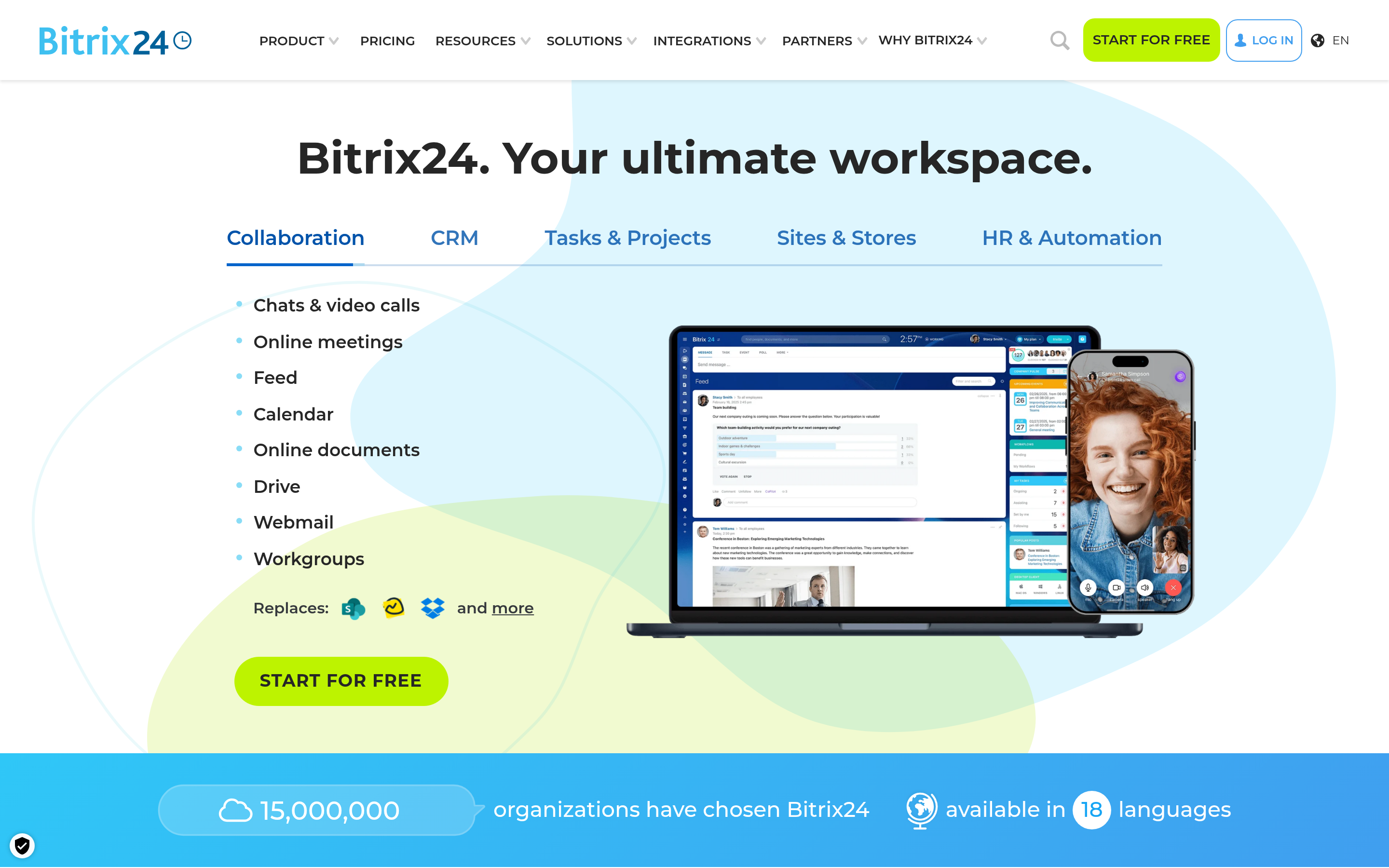 Bitrix24 website screenshot — product, features and pricing