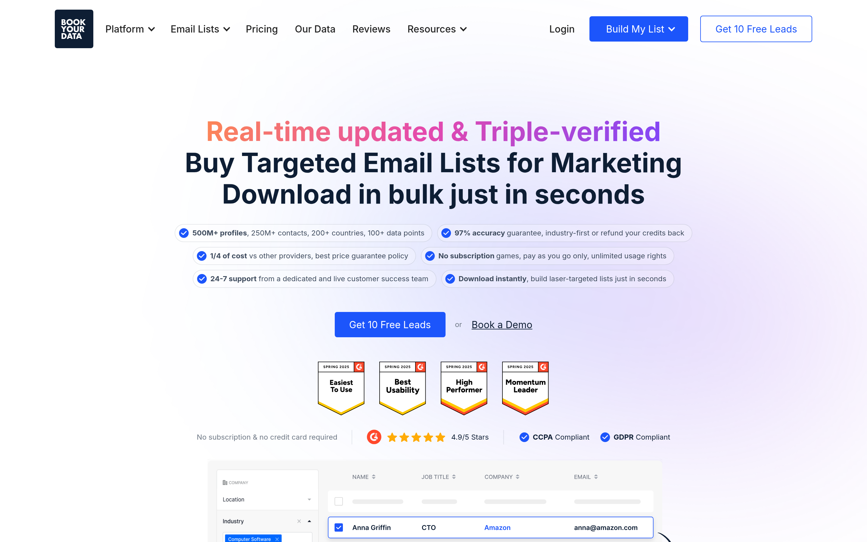 BookYourData website screenshot — product, features and pricing