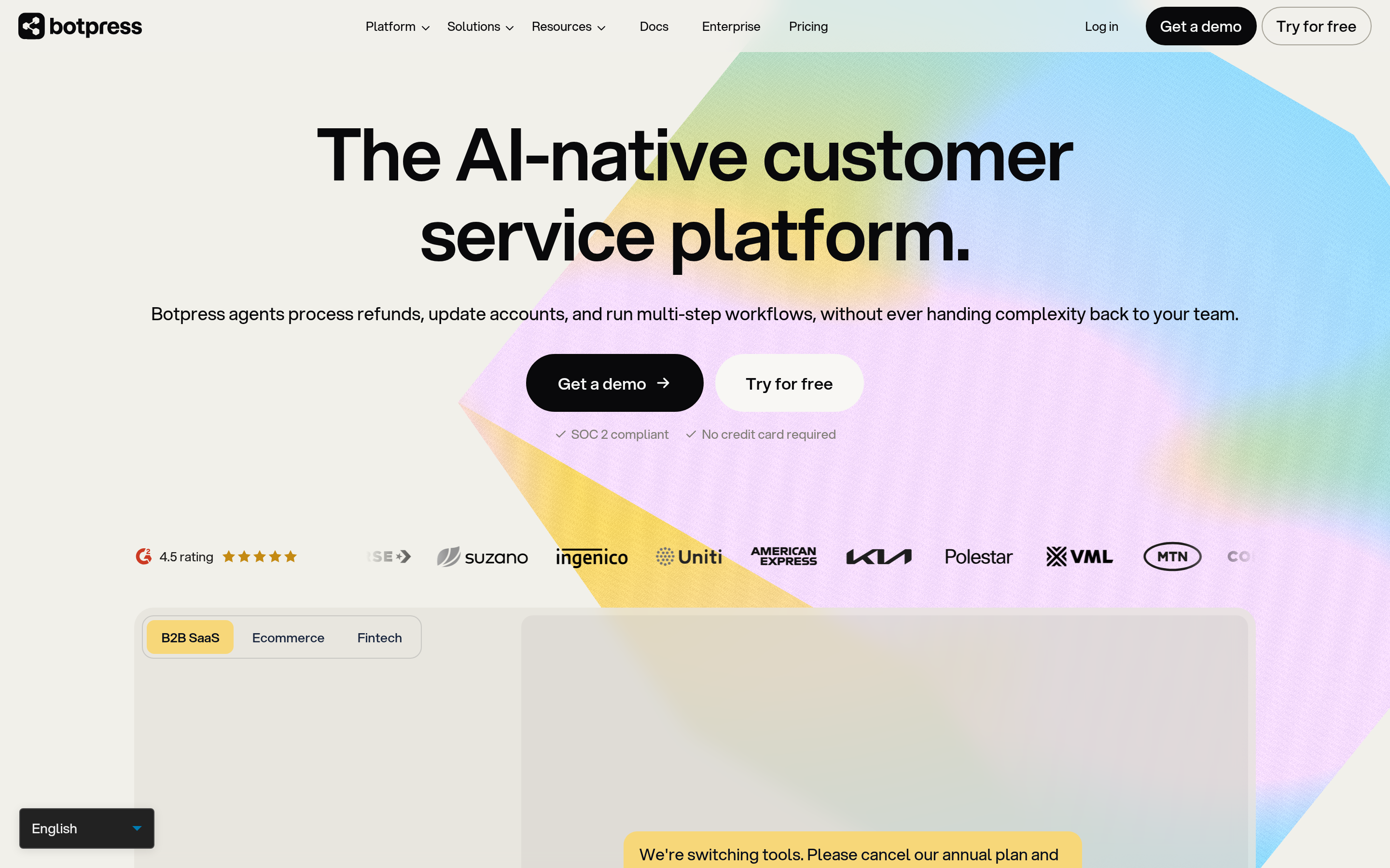 Botpress website screenshot — product, features and pricing