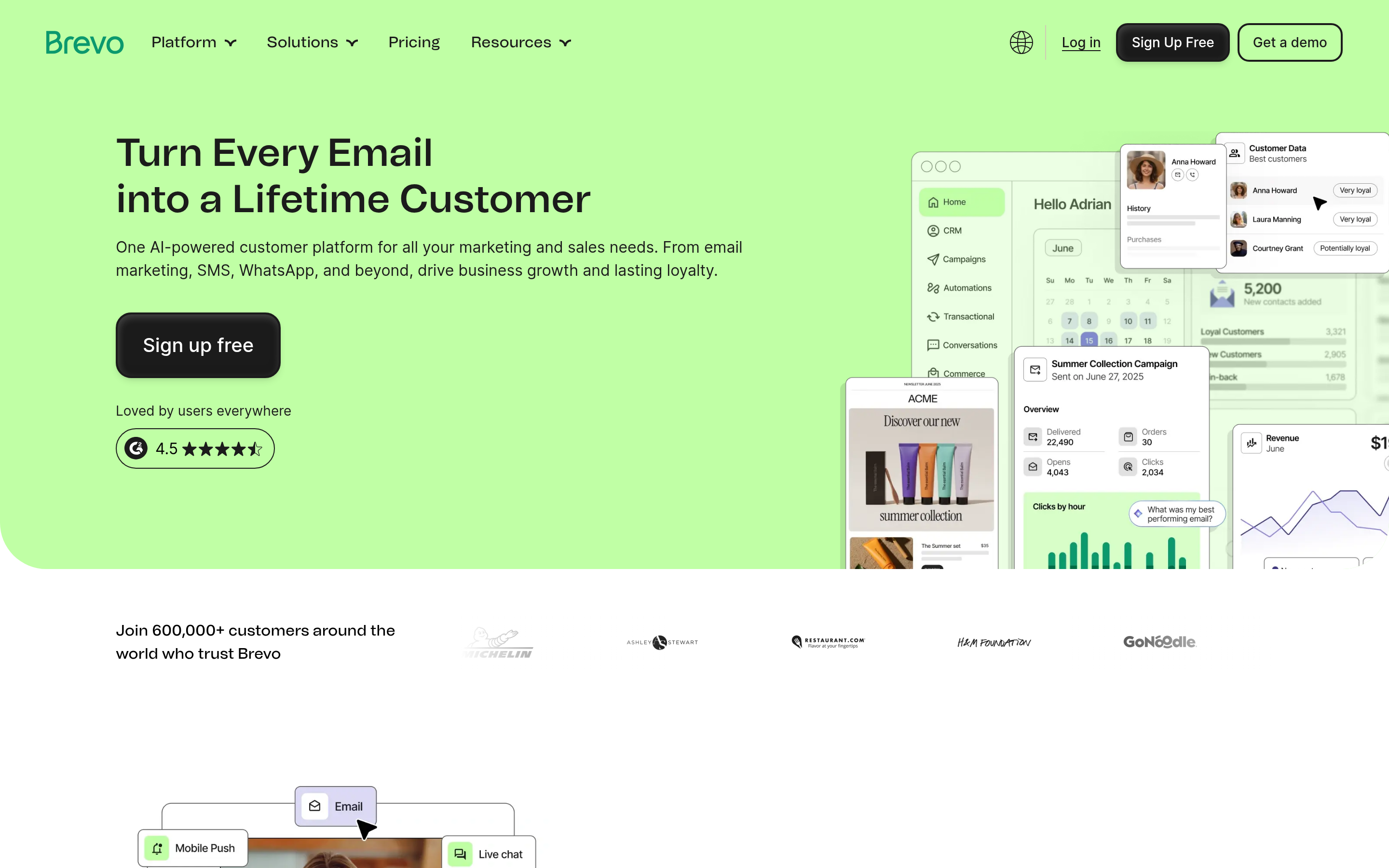 Brevo website screenshot — product, features and pricing
