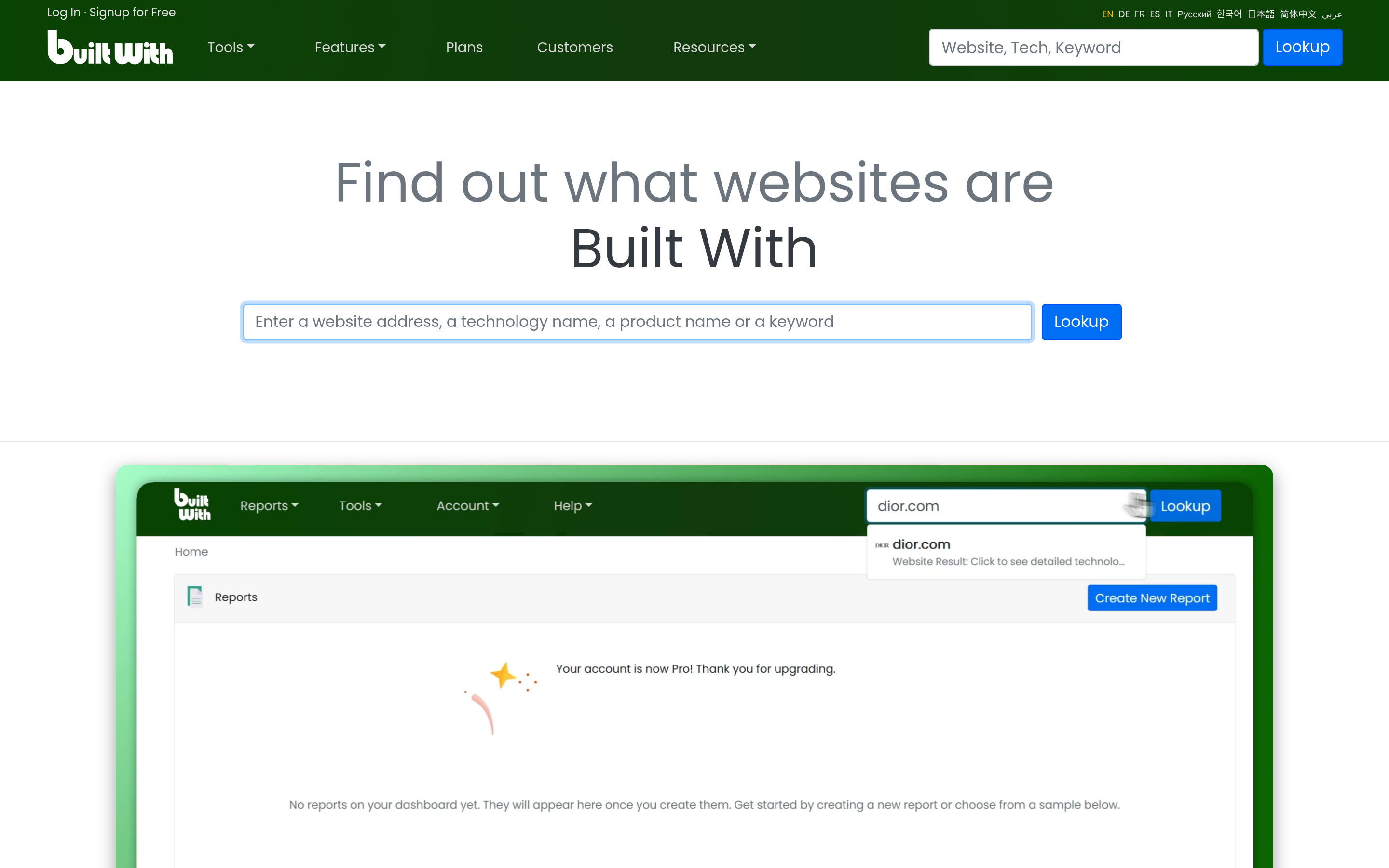BuiltWith website screenshot — product, features and pricing