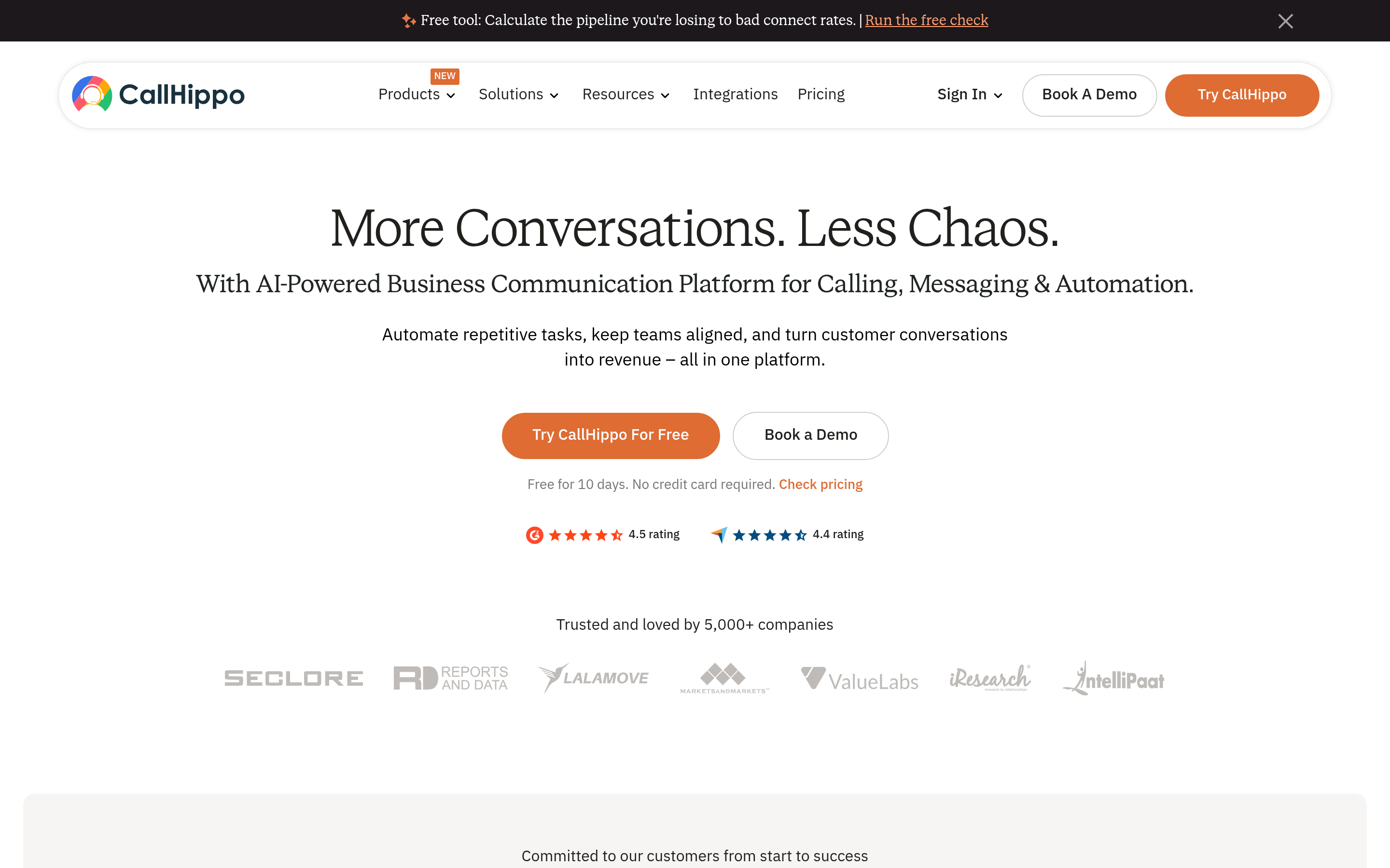 CallHippo website screenshot — product, features and pricing