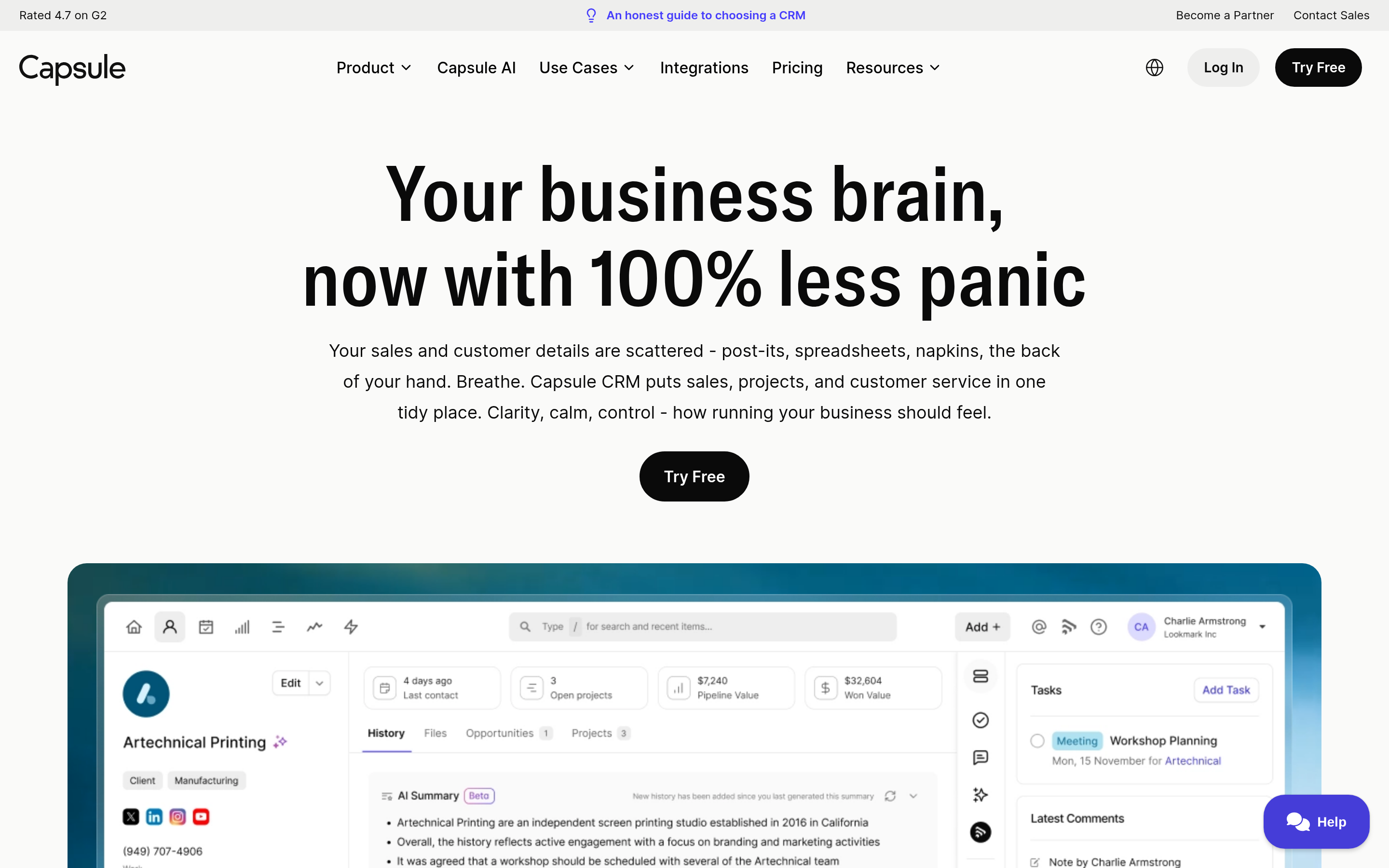 Capsule CRM website screenshot — product, features and pricing