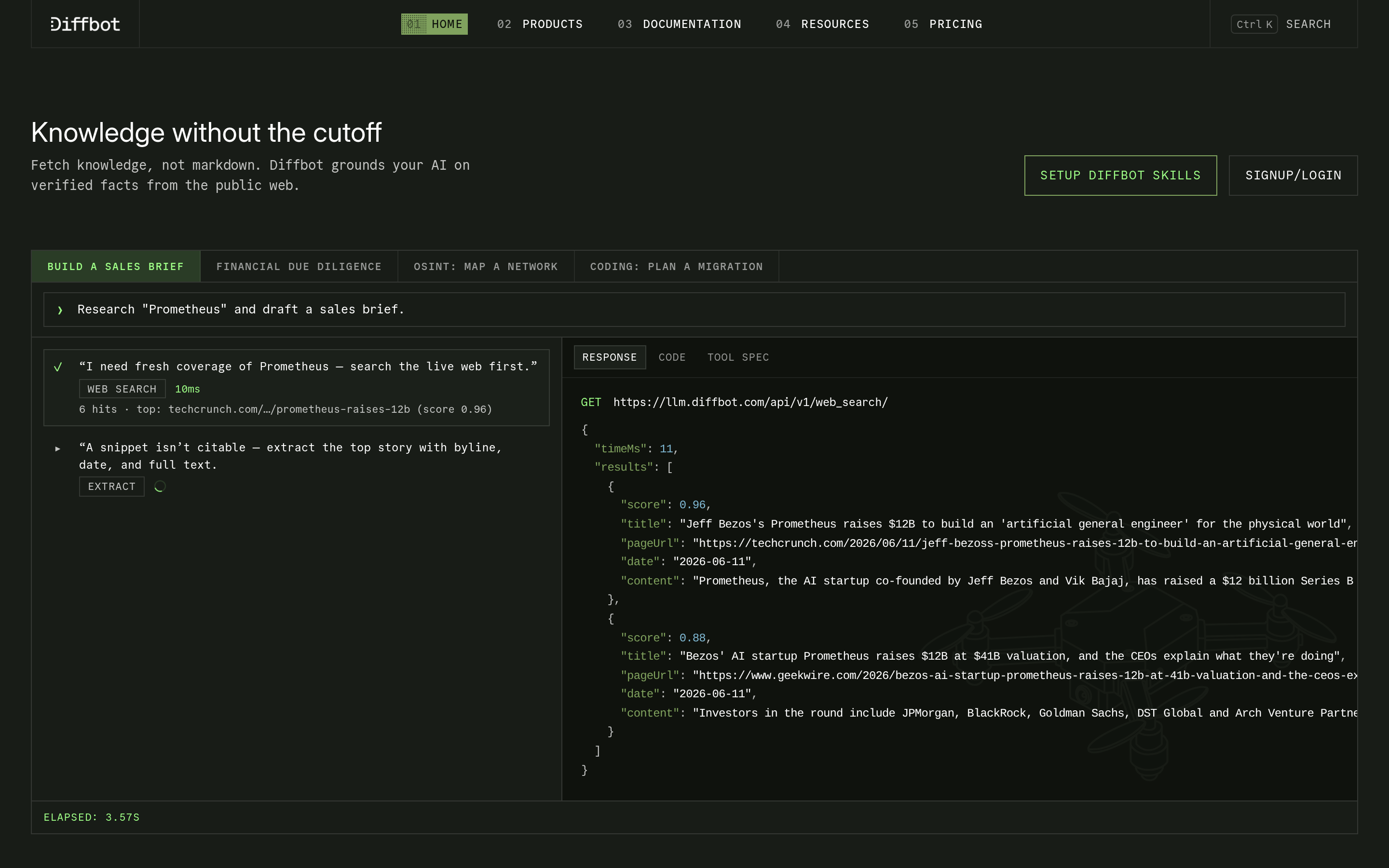 Diffbot website screenshot — product, features and pricing